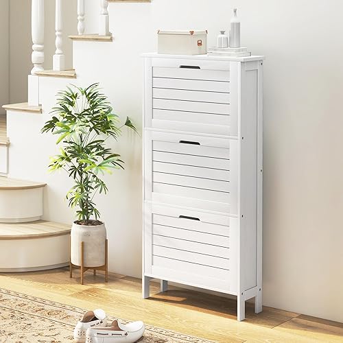 Zapatero para entrada con 3 puertas con listones abatibles, gabinete delgado y oculto para zapatos, organizador de zapatos independiente de madera