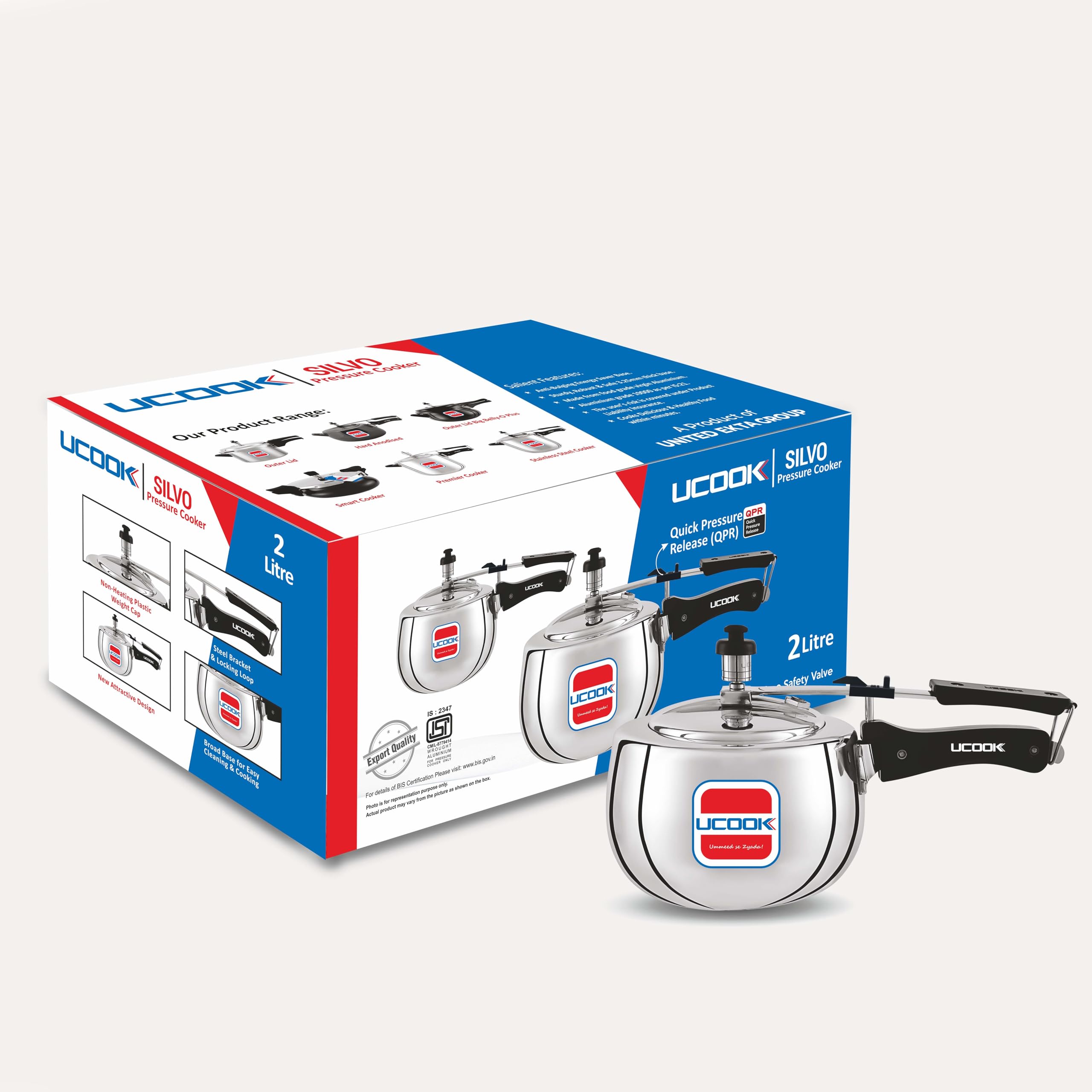 UCOOK Silvo Oval Aluminium Pressure Cooker, 2 Litre, Silver