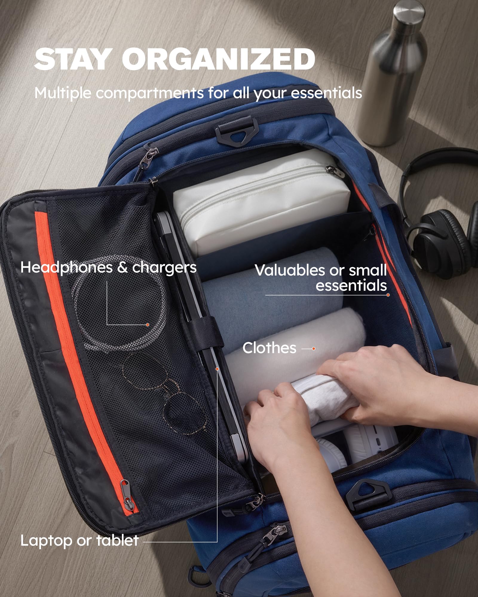 Tolaccea Sporttasche 56–70L erweiterbare Reisetasche mit Schuhfach & Nassfach, als Rucksack tragbar, Blau