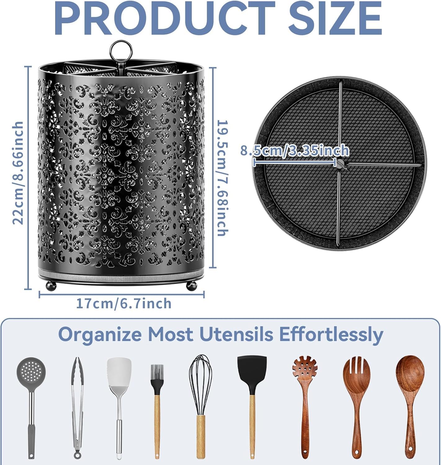 EKNITEY Instant-Dry Kitchen Utensil Holder - Large 360° Rotating Cutlery Basket - 4 Compartments Kitchen Utensil Storage - Spatula Storage Rack (Black)