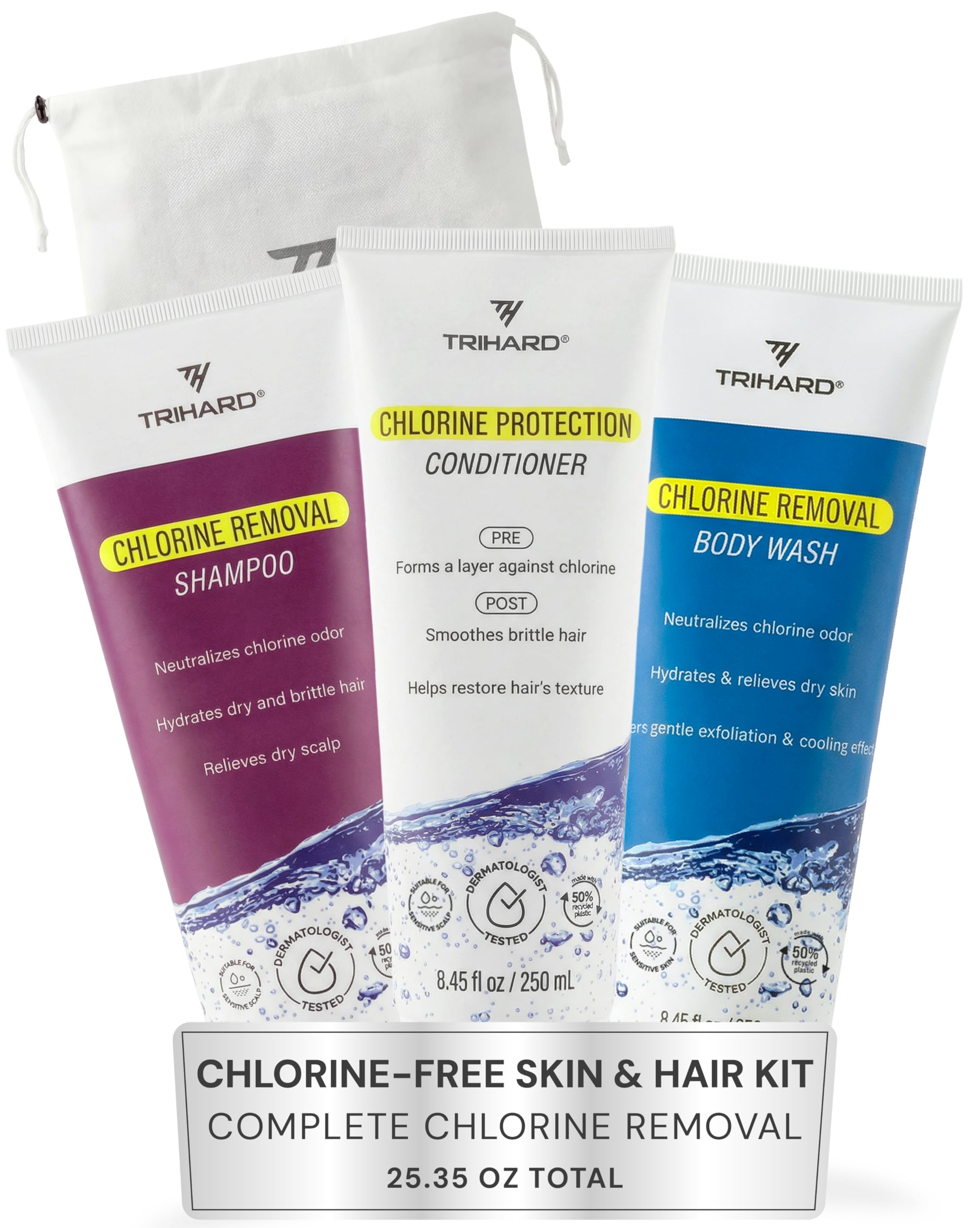 Ensemble complet pour éliminer le chlore par TRIHARD | Shampooing, après-shampooing, gel douche et lotion | Soin ultime avant et après la natation