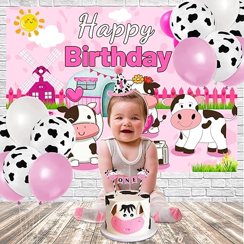 Miniatura 2 de Sensfun Fondo de fiesta de cumpleaños de vaca rosa acuarela de animales de granja con temática de vaca, fondo de fotografía de cumpleaños, estampado