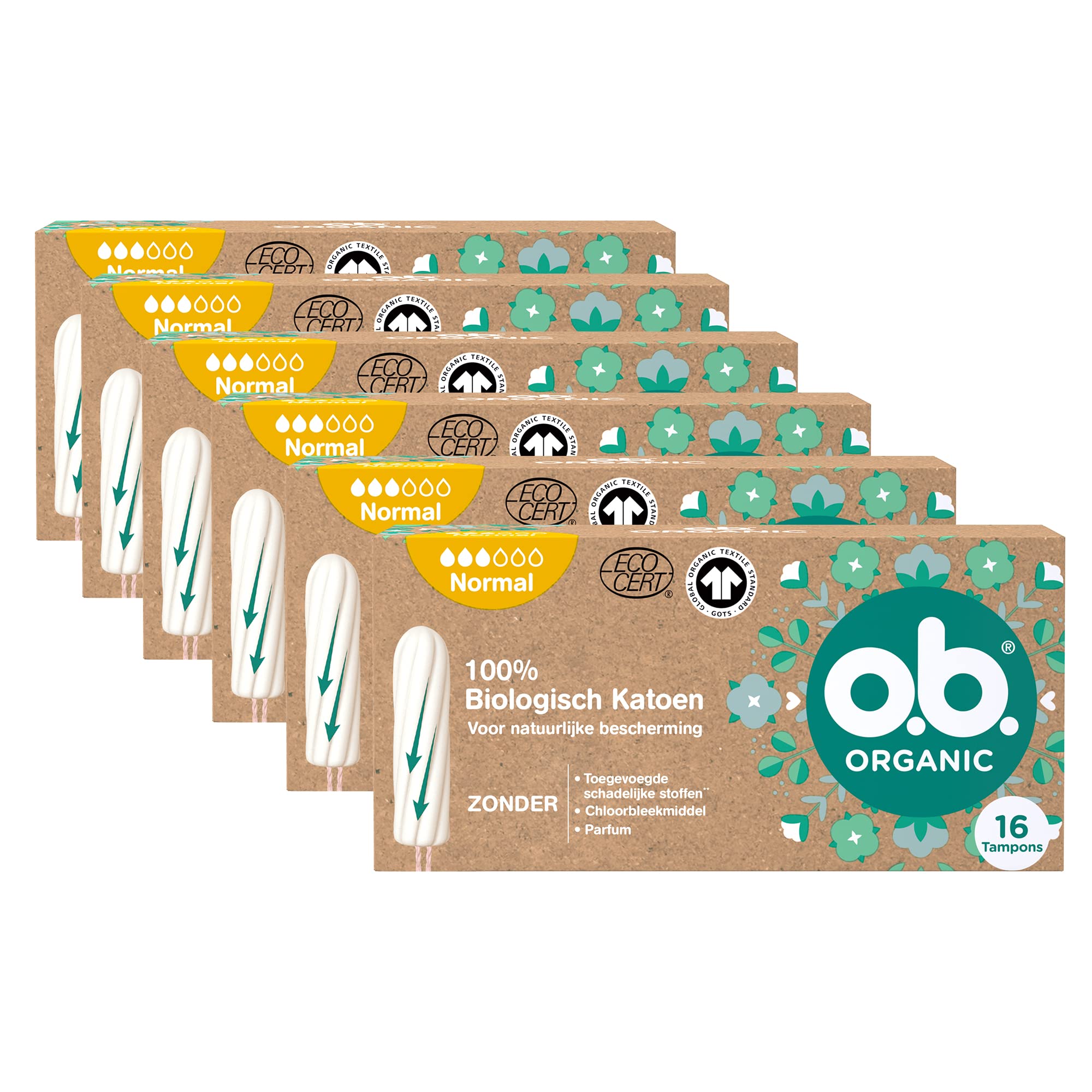 o.b. Organic Normal Biotampony na średnie do cięższych dni miesiączkowych z 100% biobawełny, z zakrzywionymi rowkami zapewniającymi niezawodną i naturalną ochronę, 6 x 16 sztuk