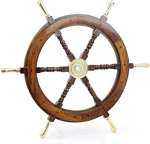 Miniatura 1 de Rueda de barco, volante náutico, rueda de madera, rueda de barcos, decoración náutica, muebles náuticos, antigüedades, arte náutico, con mango de