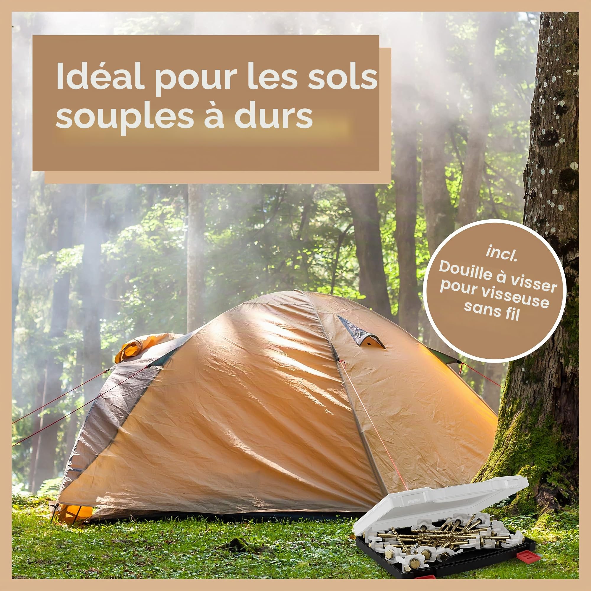 Set de 30 Piquets de Tente à Vis Robustes avec Coffret – Piquets Spirales pour Sols Durs et Mous – 2 Embouts de Perçage + Douille Inclus – Idéal pour Tentes, Abris, Bâches et Auvants
