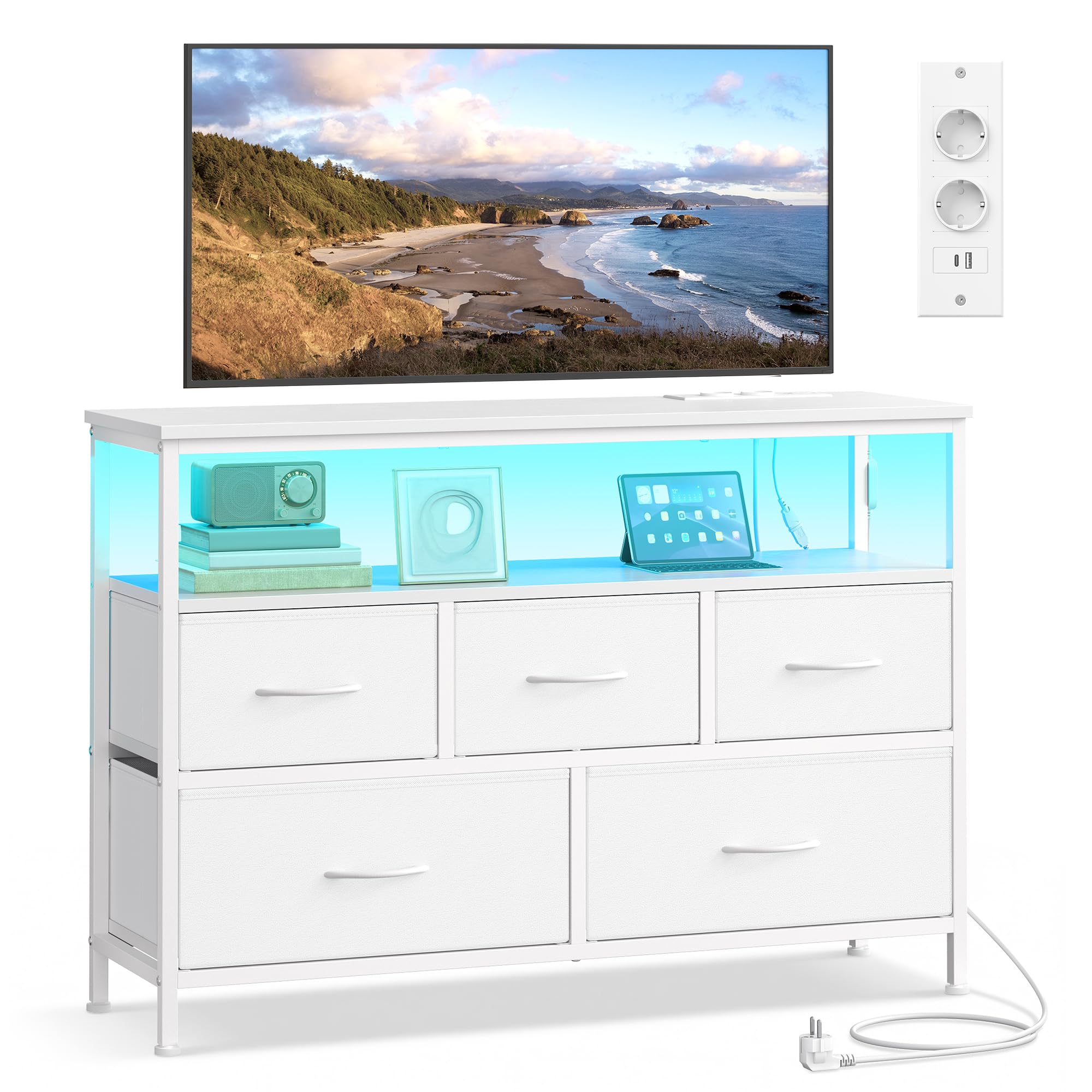 SONGMICS BELLAH Collezione - Cassettiera, Armadietto, Illuminazione LED controllata Tramite App, Credenza con Stazione di Ricarica, 1 Ripiano, 5 Cassetti, Moderno, Bianco Nuvola, LGS723WH01