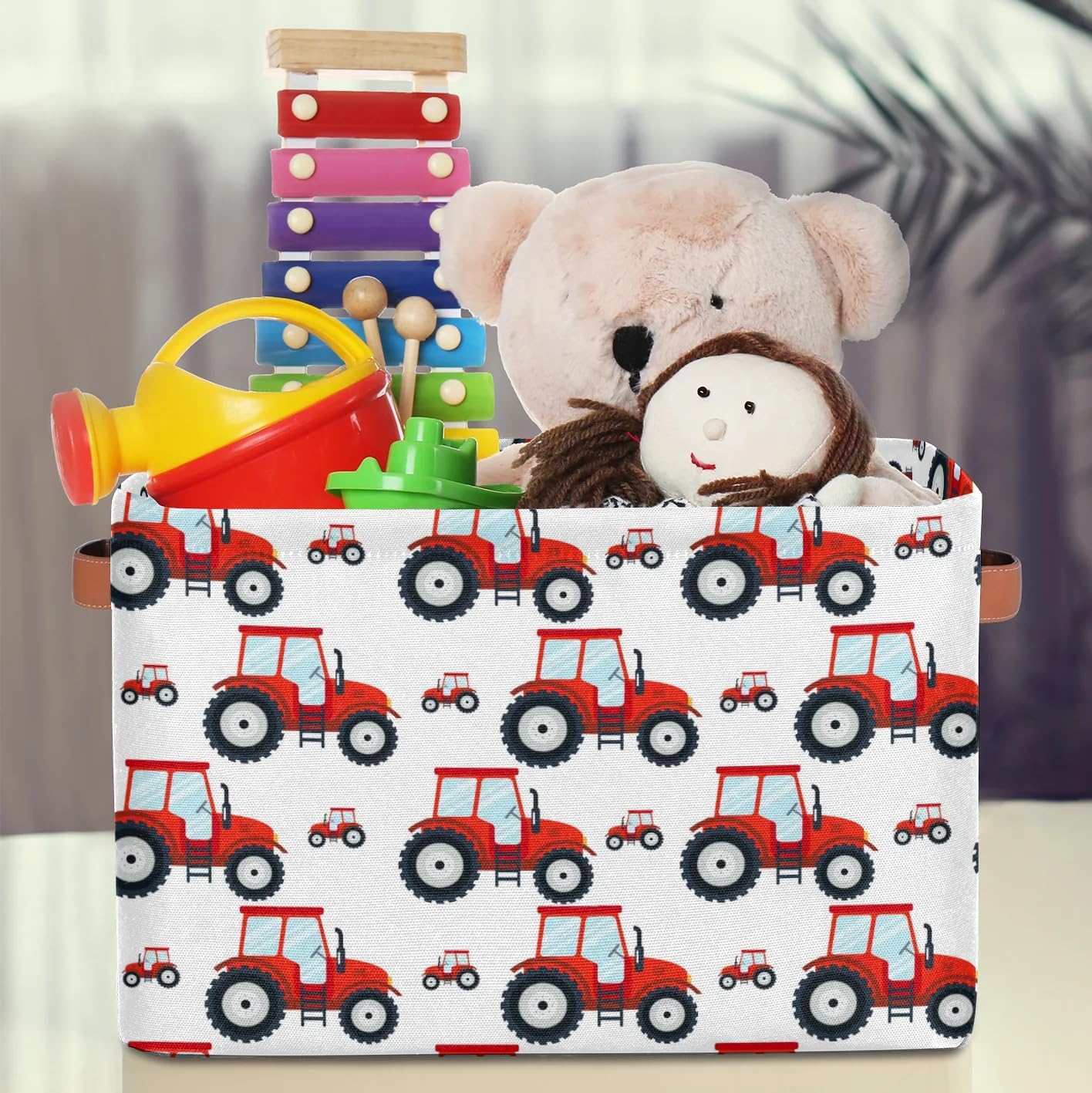 Red Tractor Rectangle Storage Basket Truck Car Foldable Storage Bin Cubes with Handles Large Organizer Bins Boxes Toy Closet Shelf Nursery Laundry Basket Home Decor