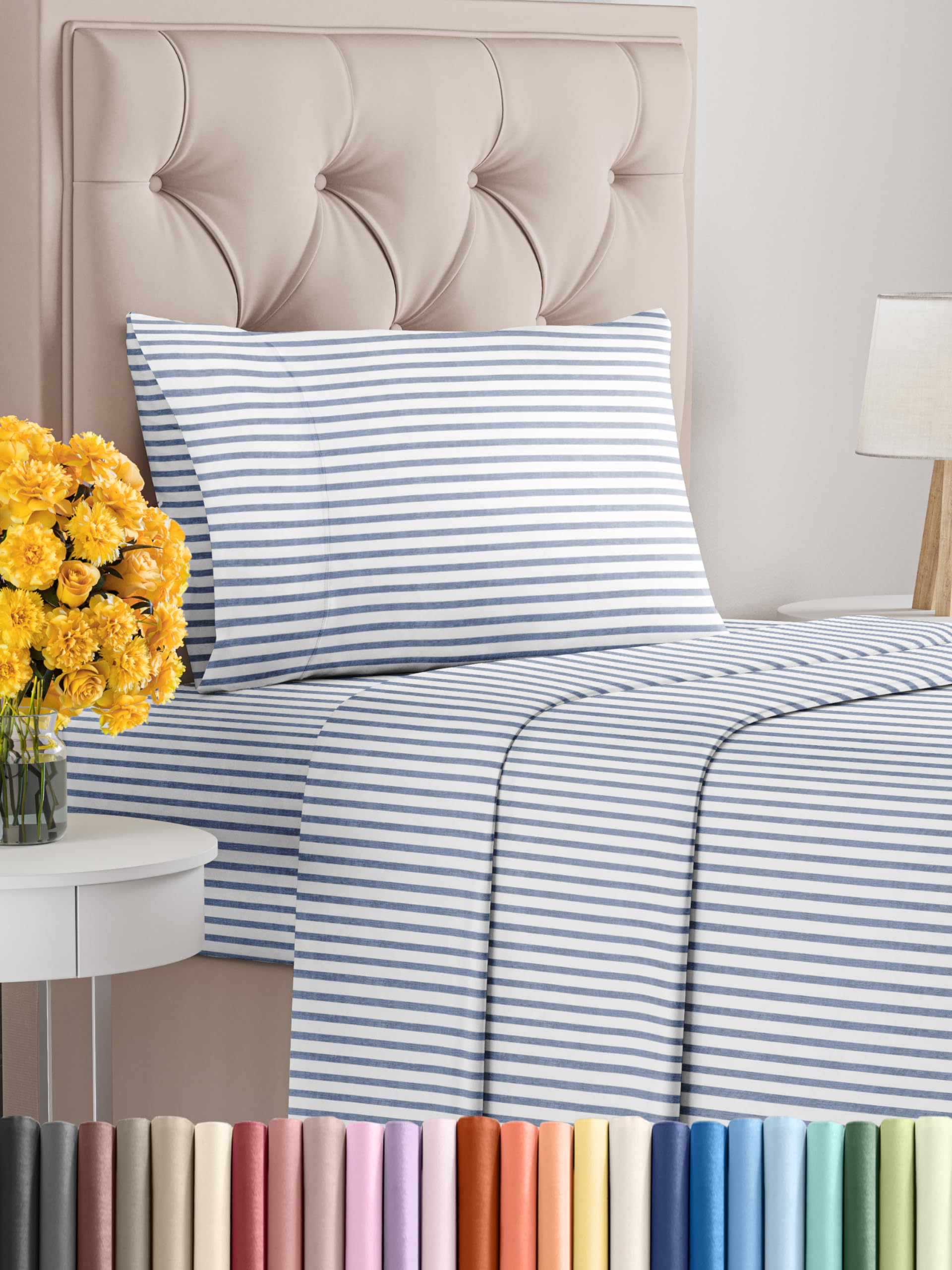 Twin Size 3 Piece Sheet Set - Comfy Breathable & Cooling Sheets - Hotel Luxury Bed Sheets for Women & Men - Deep Pockets, Easy-Fit, Soft & Wrinkle Free Sheets - Blue Stripes Oeko-Tex Bed Sheet Set