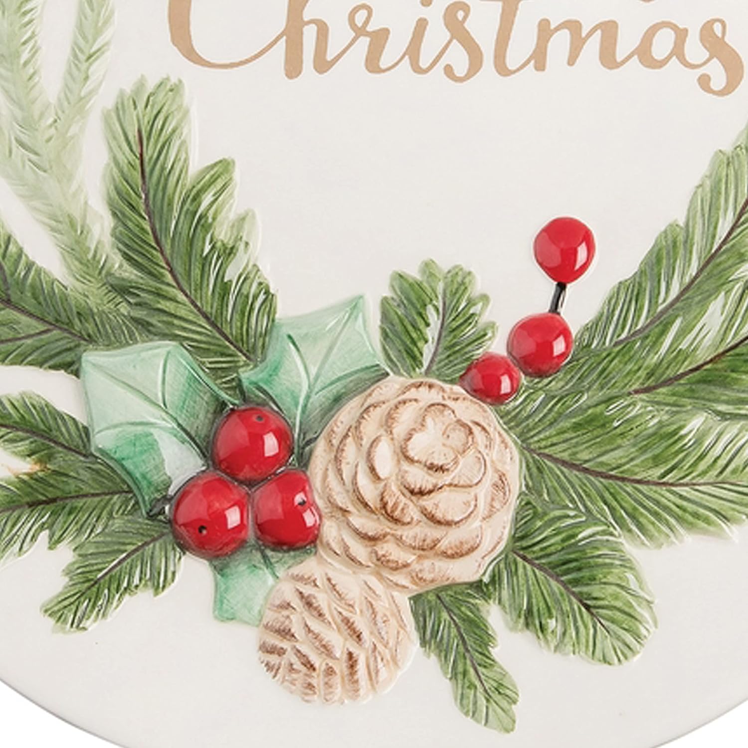 C&F Home "Merry Christmas Holly Branch & Pinecones Round Dolomite Platter 13" XMAS Festive Winter Holidays Versatile Home Living Room Fireplace Mantle Kitchen Tabletop Premium Luxury Handpainted