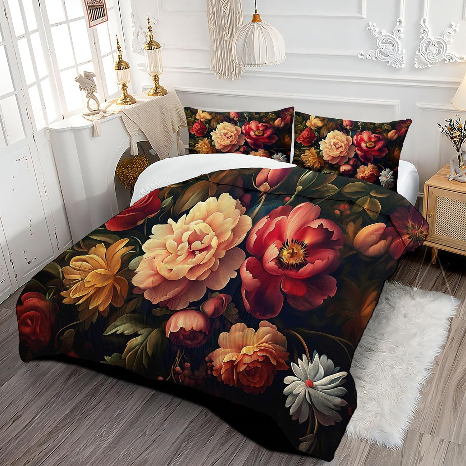 3D Beautiful Rose Bouquet Comforter Set King Size Bedding Set Ancient Flower Oil Painting All Season Down Comforter Printed Quilted with 2 Pillow Shams for Kids, Teens, Adults 104 x 90in Pink