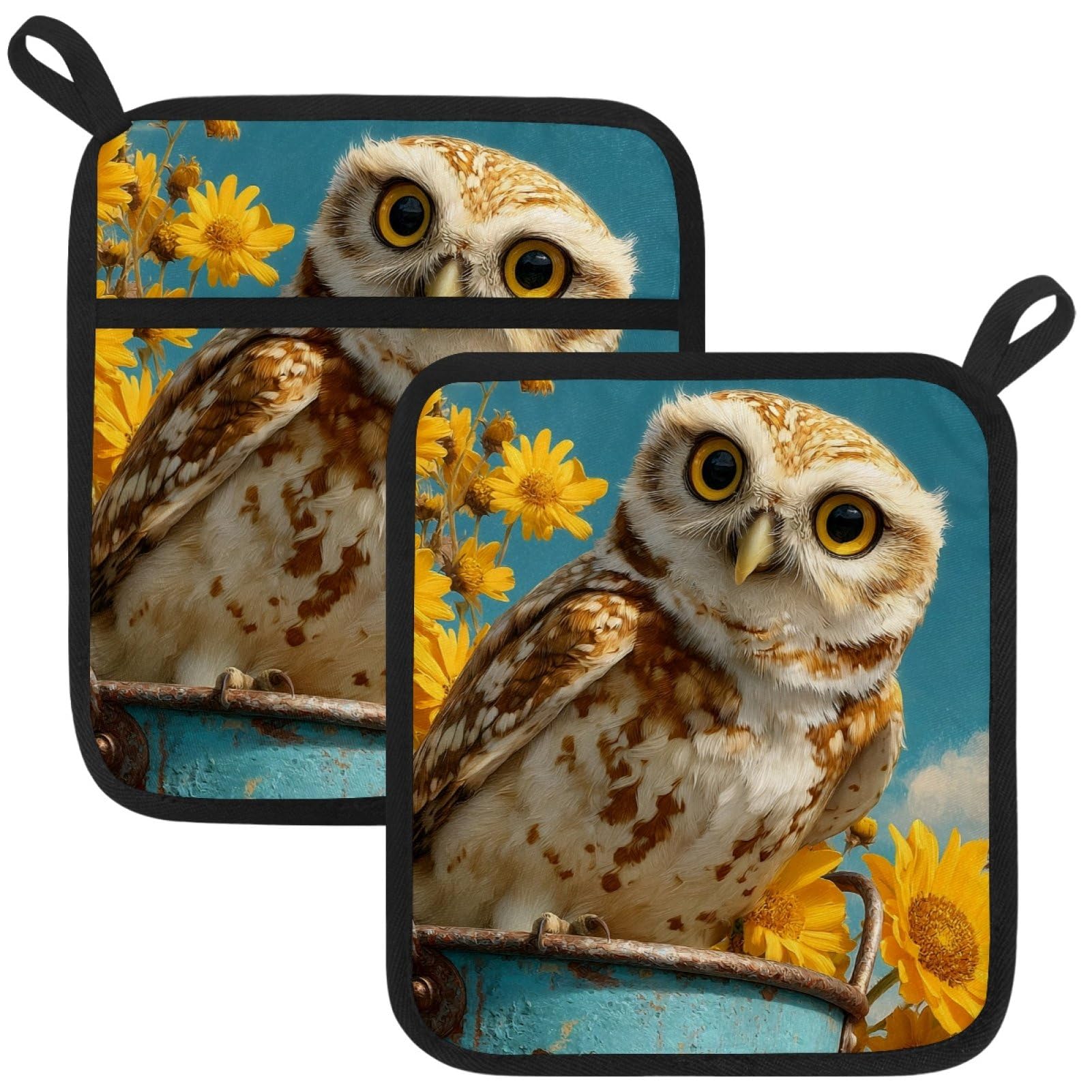 VAPOKF Cute Owl Sunflower Pot Holders with Pocket for Kitchen Heat Resistant Potholders Large Polyester-Cotton Square Oven Mitts Set