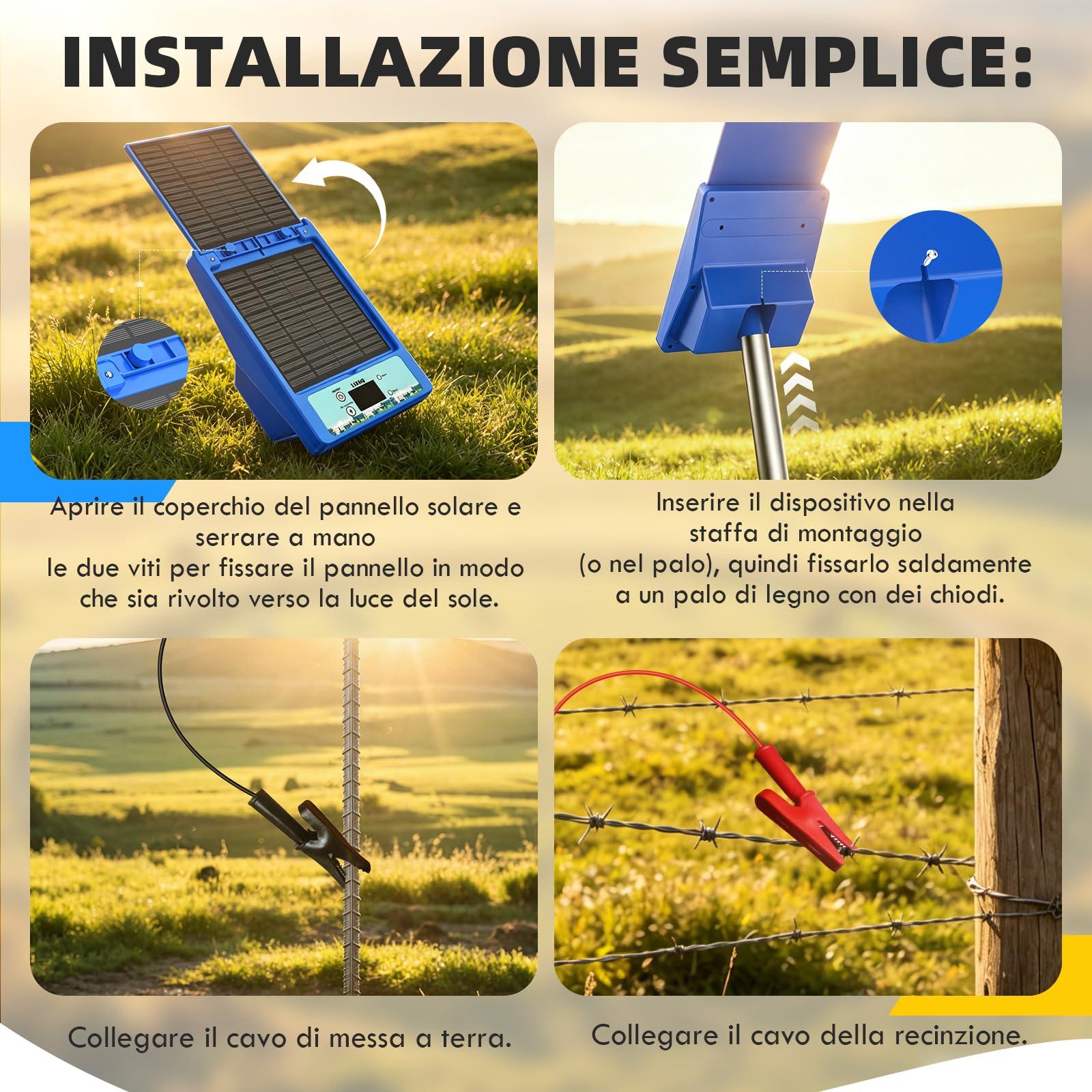 Recinto Elettrico Solare 12V 32KM, Elettrificatore per Recinti Impermeabile con Batteria al Litio 18Ah, 0.3-2J, 6KV-12KV Regolabile, Pannello Solare 8W, per Grandi e Piccoli Animali (Blu)