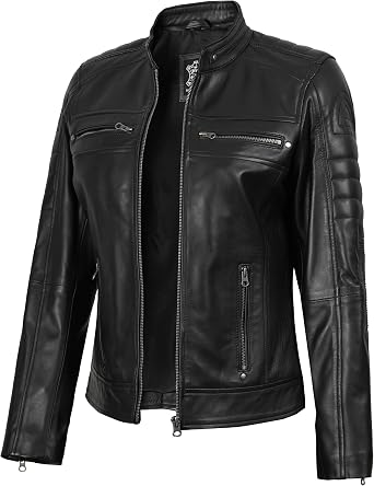 fjackets Womens Leather Jacket Real Lambskin Cafe Racer Biker Stand Collar Moto Jacket for Women