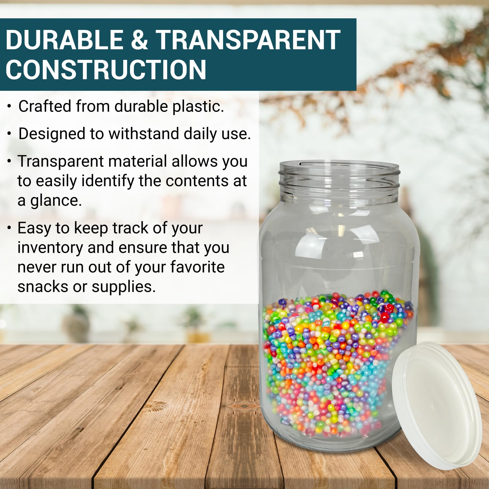 Billy Buckskin Co. Tarros de plástico transparente de 1 galón con tapa | Tarro de plástico grande de boca ancha con tapa | Para dulces, galletas, artes y manualidades, consejos de dinero de camarero,