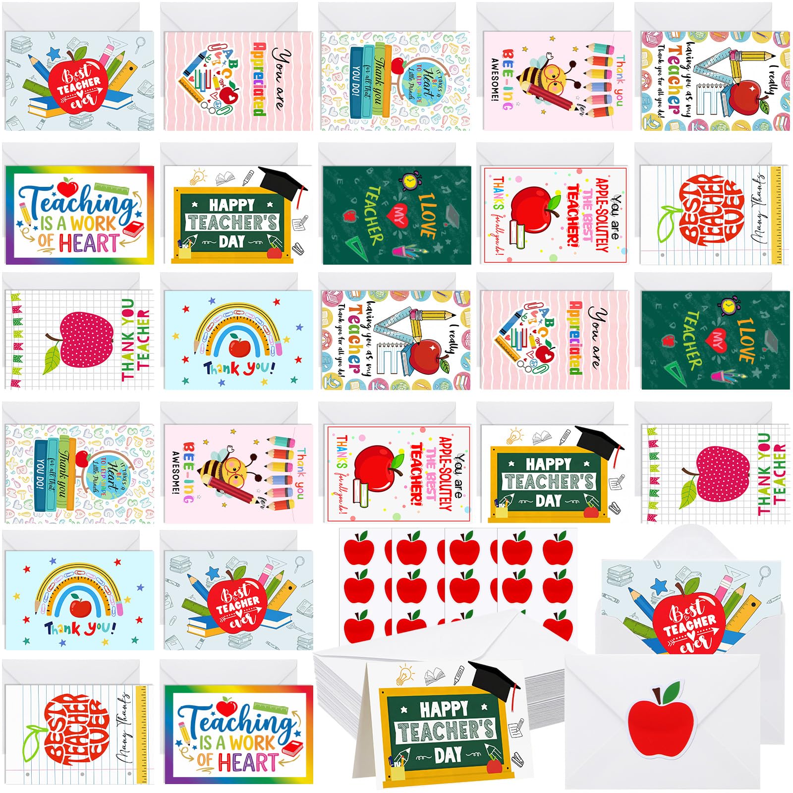 Tenceur Juego de 240 tarjetas de agradecimiento para profesores con sobres, tarjetas de felicitación de agradecimiento para profesores, postales para el día del profesor, regalos de agradecimiento del