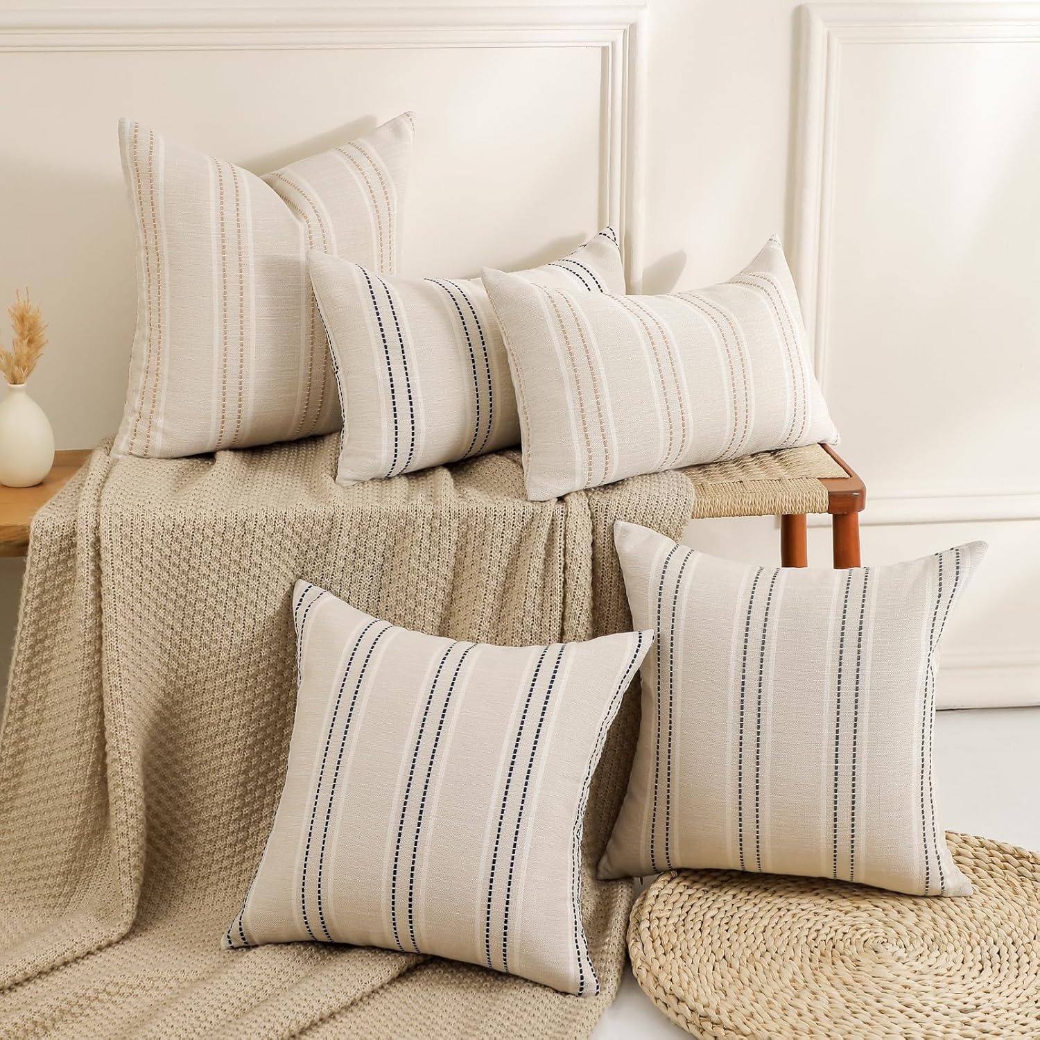 Hckot Throw Pillow Covers 20x20 Set of 2 Striped Pillow Covers Textured Linen Decorative Pillows Square Cushion Covers for Sofa Couch Bed Living Room Farmhouse Decor, Navy - Image 6