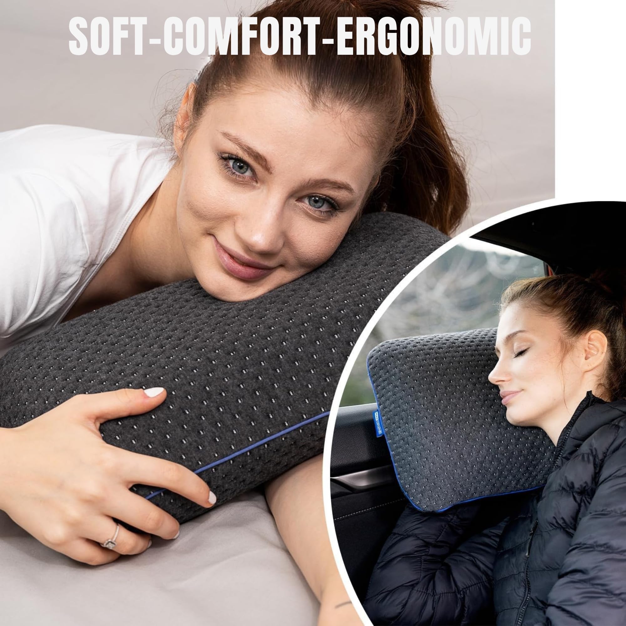 Cuscino da viaggio – Supporto ergonomico per il collo da campeggio in memory foam con federa termoregolante – Borsa da viaggio impermeabile inclusa (Nero)