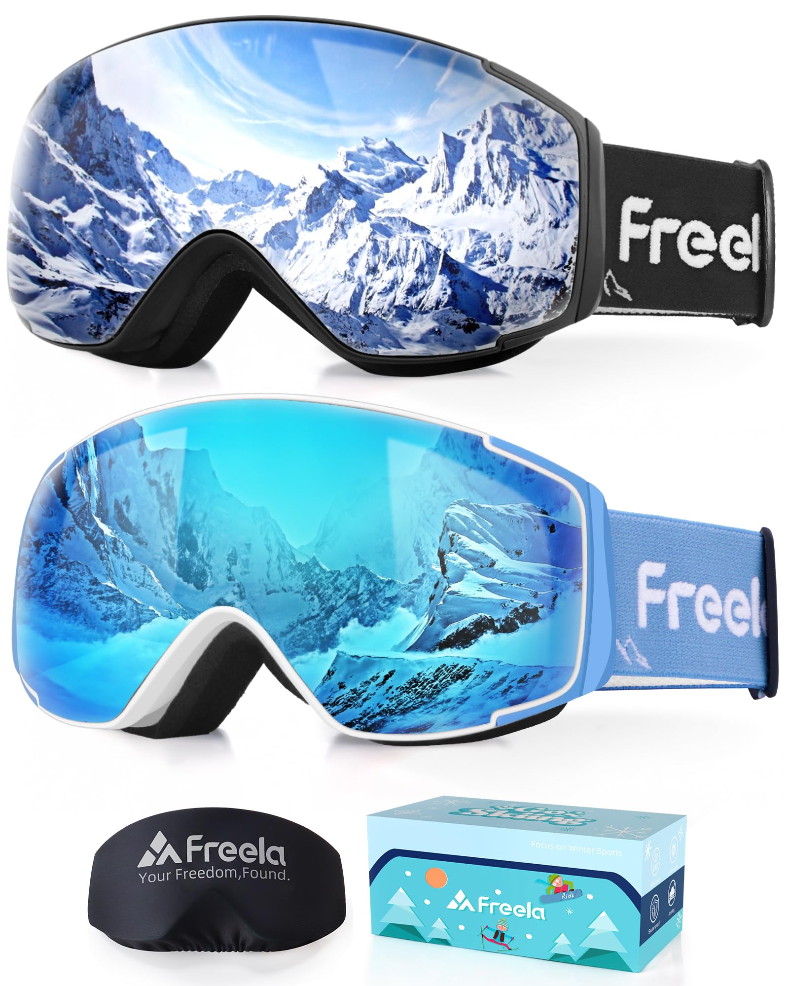 Freela Lot de 2 paires de lunettes de ski et de snowboard pour enfants de 3 à 14 ans, anti-buée, anti-UV