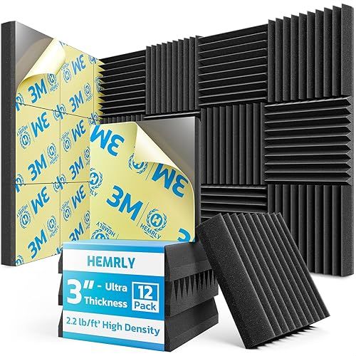3" X 12" X 12" Sound Proof Foam Panels for Walls,Self-Adhesive Foam Acoustic Panels Sound Absorbing,2.2 lb/ft³ Density Soundproof Wall Panels for Gaming Studio Decor (12 Pack Black) - 3 Inch 12 Pack Self Adhesive - Black