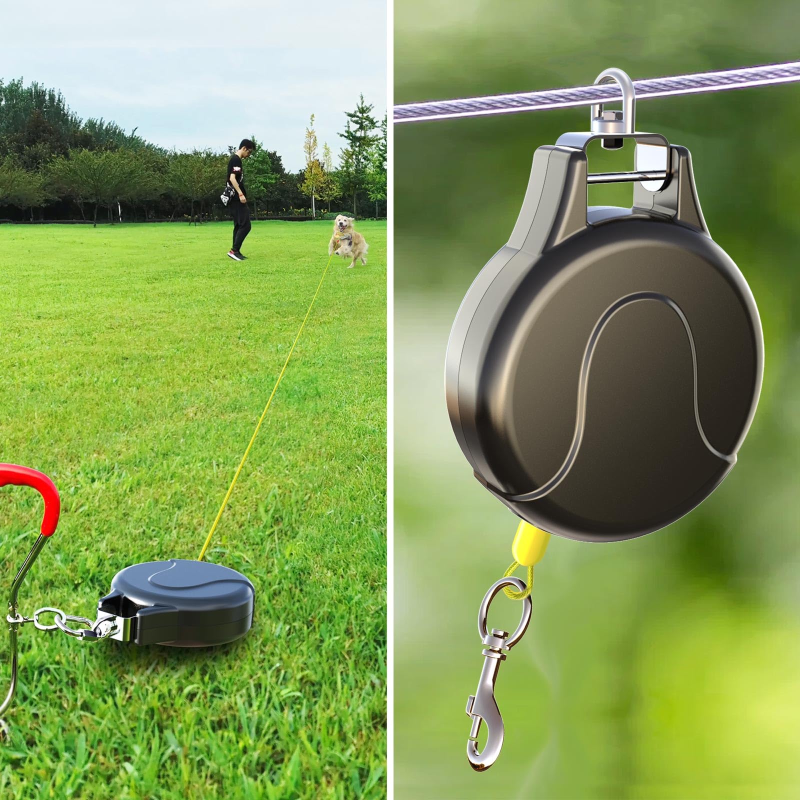 Câble d'attache rétractable 2 en 1 pour chien, 9,1 m, pour tyrolienne pour chien, câble d'antenne pour chien ou piquet pour chien, ancre pour chien, bobine d'attache rétractable sans enchevêtrement