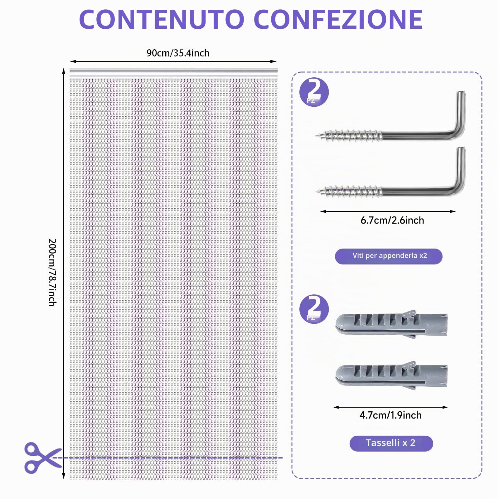 Tenda a Catena in Alluminio 90 x 200 cm Schermi per Porte a Tendina a Catena in Metallo Tenda Anti-insetti per Porte (Argento & Viola)