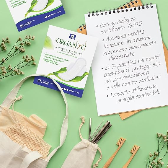 Organyc Organic Cotton Feminine Pads Heavy Flow 10 Count and Overnight 7 Count