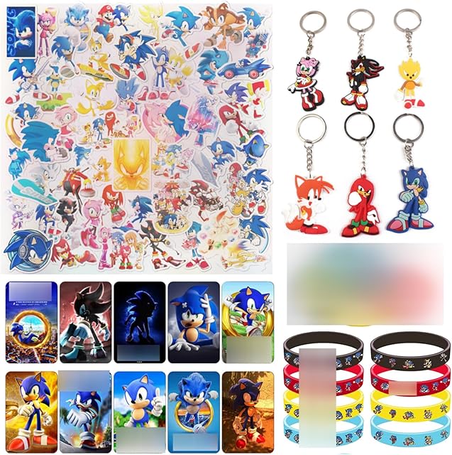 Runup 78 Pieces Sonic Party Bags for Kids, Birthday Party Decoration, Sonic Party Filters with 12 Pieces Silicone Bracelets, 50 Pieces Stickers, 10 Pieces Crystal Card Stickers and 6 Pieces Key Rings