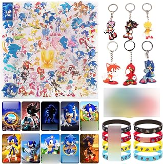 Runup 78 Pieces Sonic Party Bags for Kids, Birthday Party Decoration, Sonic Party Filters with 12 Pieces Silicone Bracelets, 50 Pieces Stickers, 10 Pieces Crystal Card Stickers and 6 Pieces Key Rings
