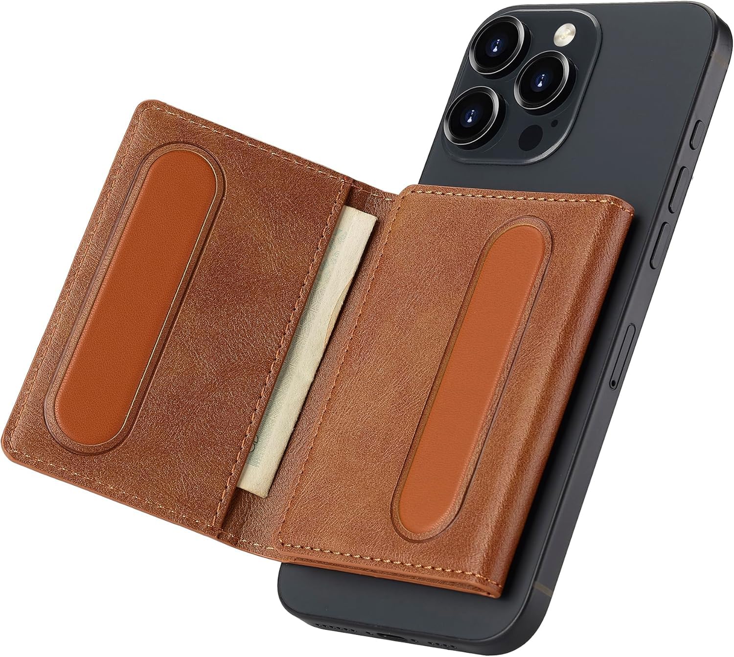 Magnetic Card Wallet Bag, Compatible with Magnetic Invisible Ultra-Thin Lightweight Kickstand Mobile Wallet for Men & Women, 8 Card Slots, Brown, Horizontal Folding