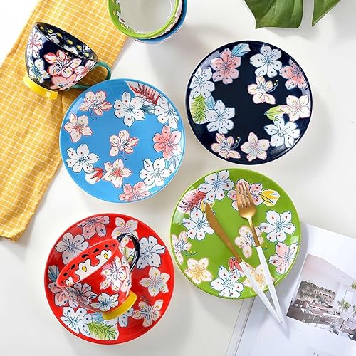 Miniatura 4 de superyes Juego de 4 platos de ensalada de cerámica floral pintados a mano, juego de platos redondos decorativos de 8 pulgadas, para ensalada,