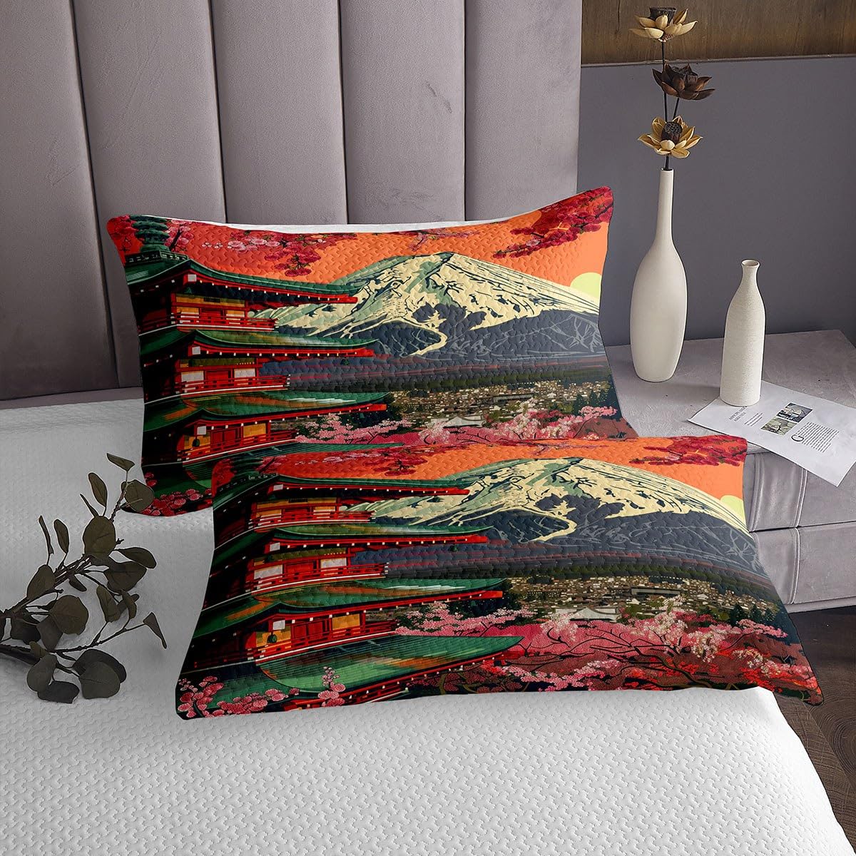 Loussiesd Fuji Berg Tagesdecke 220x240cm Japanische Ukiyoe Steppdecke Japanischer Stil Bettüberwurf Traditionelles Retro Thema Bettdecke Stepp Decke für Schlafzimmer Exotische Oriental