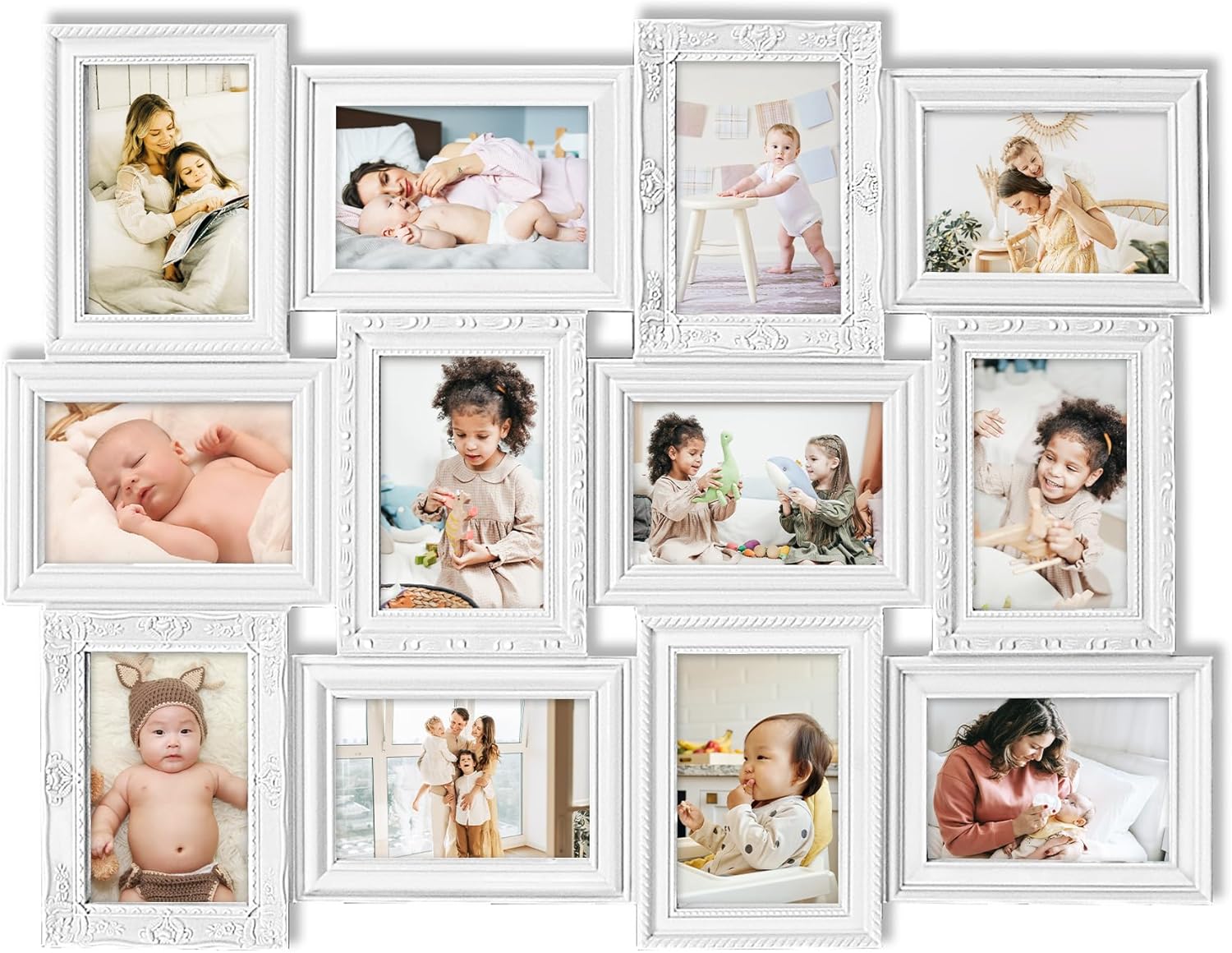 HELLO LAURA - Photo Collage Frames for Wall White Curved Classic European Style 12 Opening 27" x 20.5" Wall Hanging Picture Frame Collage 4" x 6" Photo Sockets x 12 | Gallery Style
