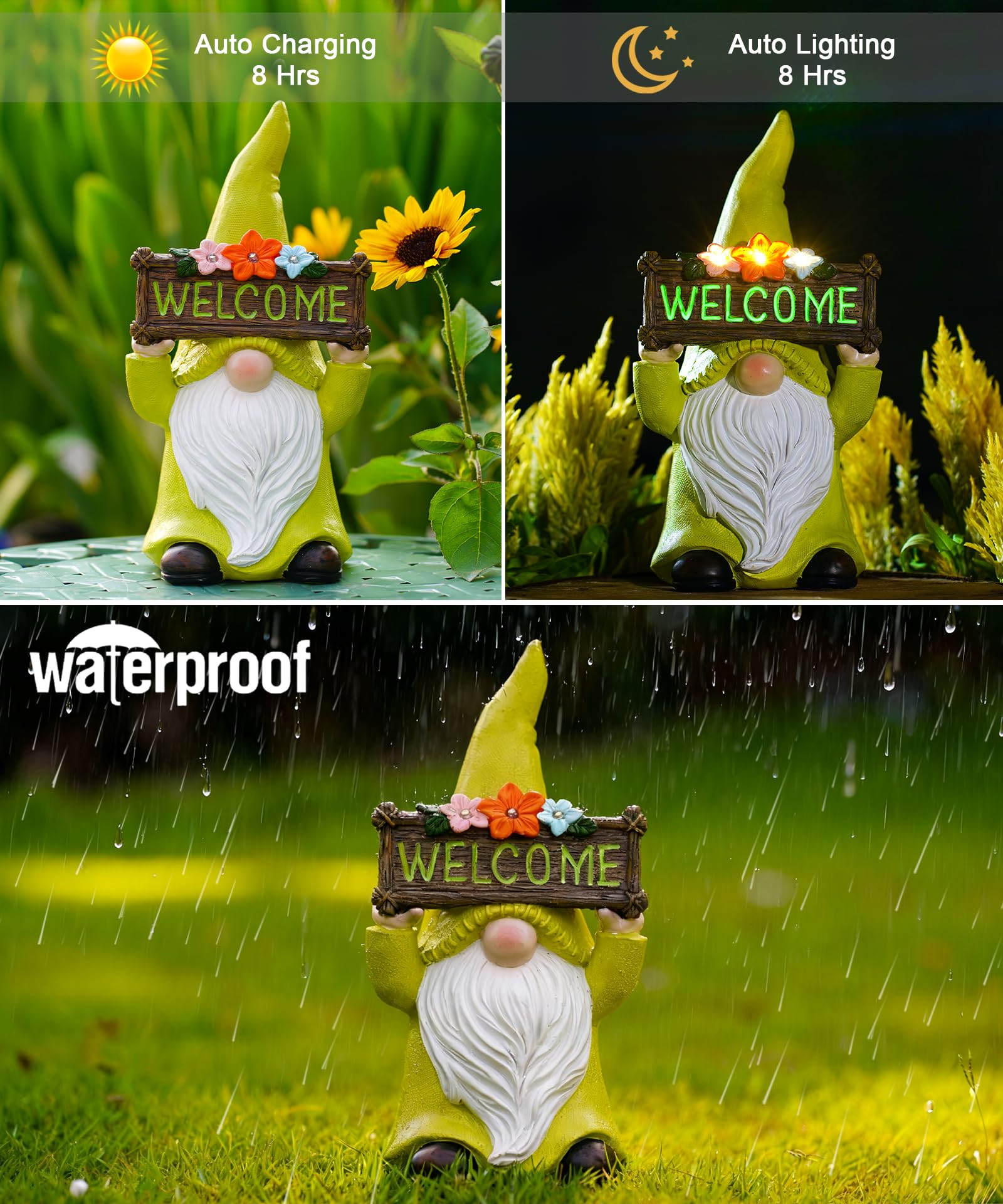 Yeomoo Nano da giardino a energia solare con cartello di benvenuto e fiori per esterni, decorazione da giardino, divertente gnomo, decorazione solare, regalo per donne, uomini, mamme, compleanno