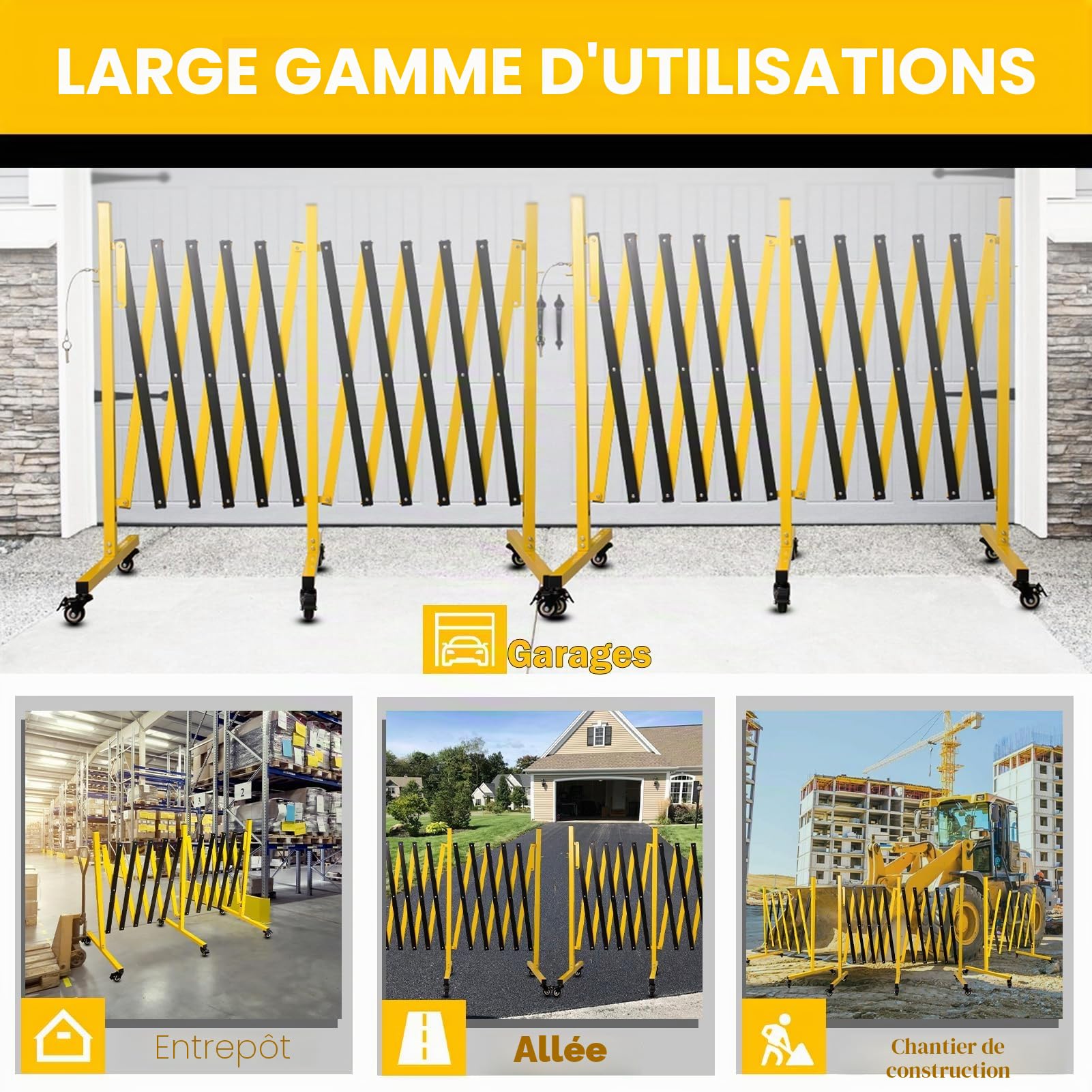 Grille Industrielle Extensible pour l'extérieur, 5 m Jaune et Noire, chaînes de barrière Mobile Extensible avec roulettes (1, 5m)