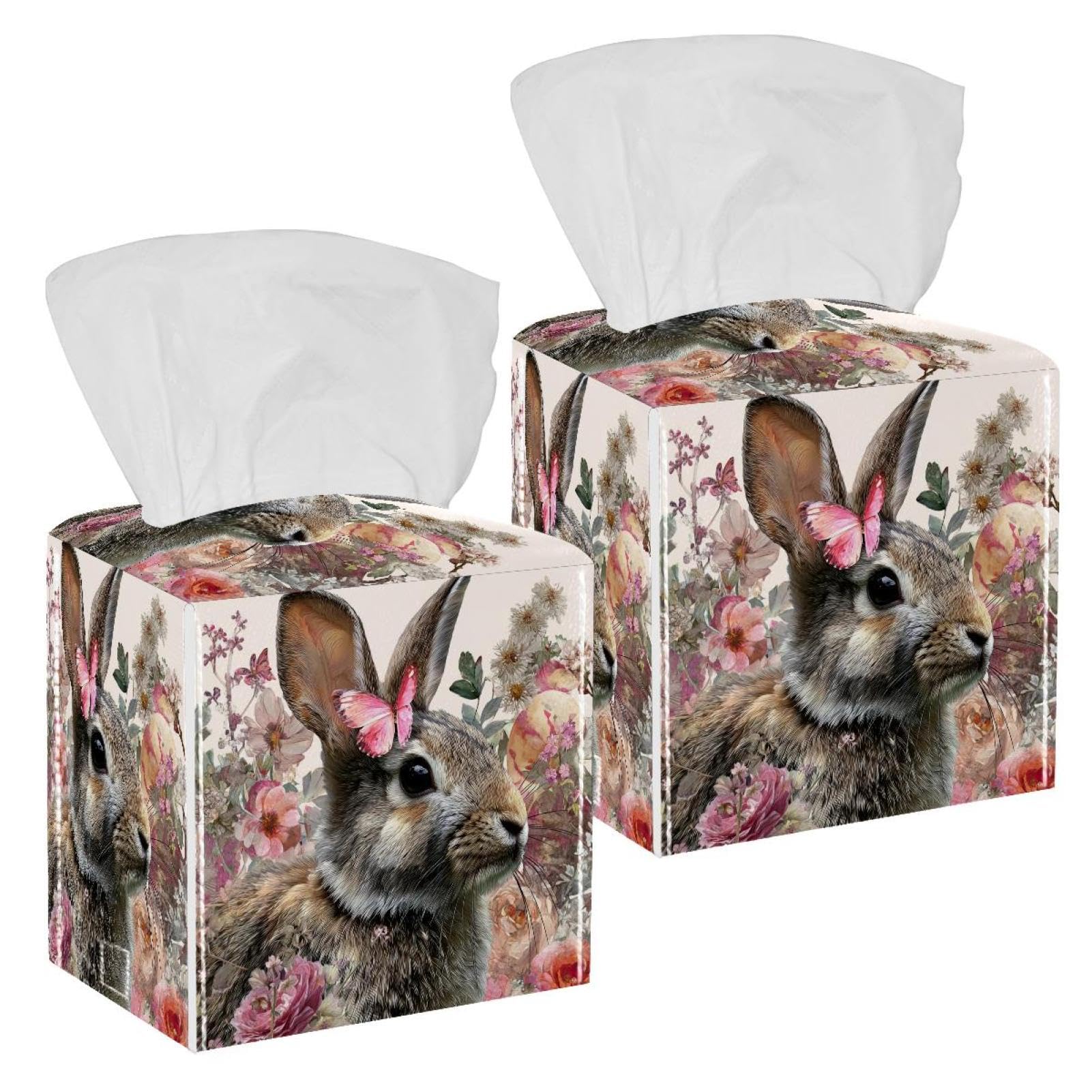 Flowers and Rabbit Tissue Box Cover, 2 Pack PU Leather Square Facial Tissue Dispenser Box holder for Home Office Car