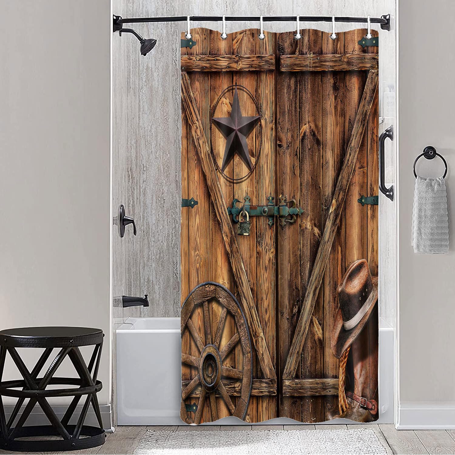 Jipusai Texas Star Western Barn Door Shower Curtain Sets for Stall Cabin,Cowboy Hat Boots Wheel RV Bath Curtain, Vintage Rustic Wooden Board Farmhouse