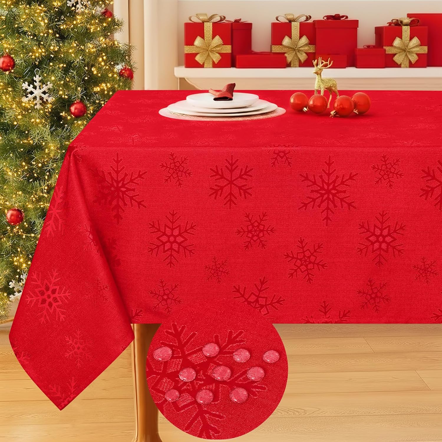 Smiry Rectangle Tablecloth 60x102 Inch, Waterproof Damask Table Cloth, Snowflake Patterns Fabric Table Covers for Parties, and Holiday Dinner, Red