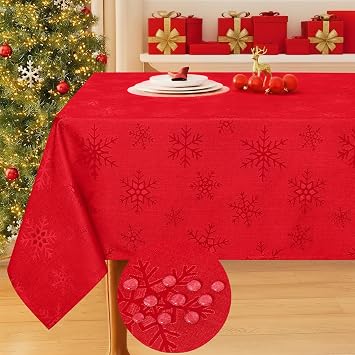 Smiry Rectangle Tablecloth 60x140 Inch, Waterproof Damask Table Cloth, Snowflake Patterns Fabric Table Covers for Parties, and Holiday Dinner, Red