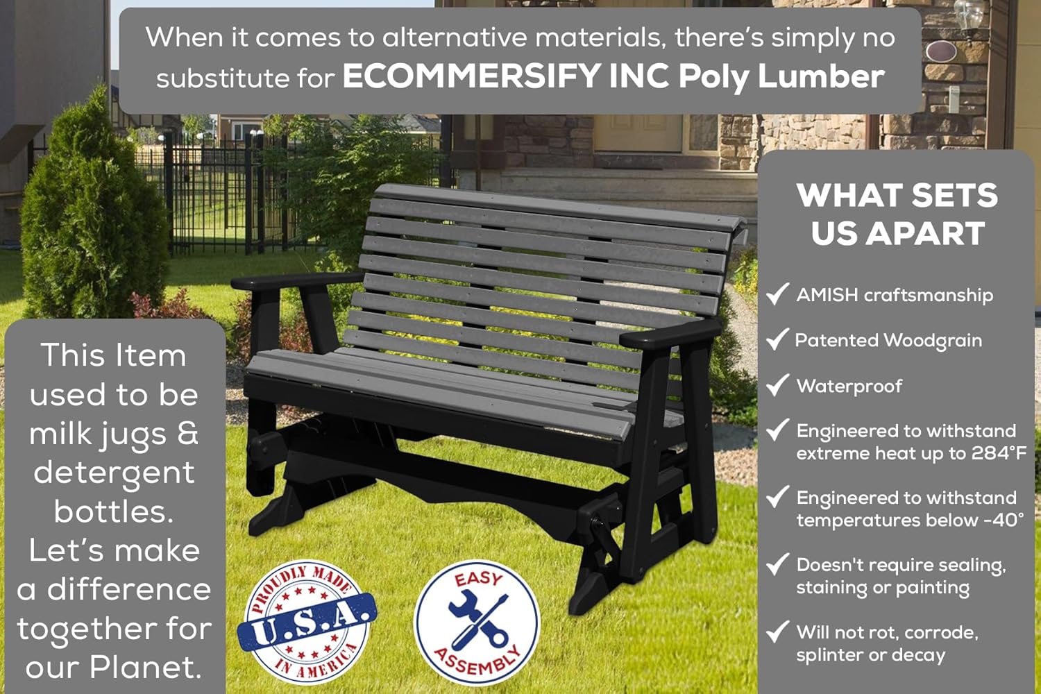 5 FT Gray Amish-Made Porch Glider – 1000 lb Heavy-Duty Poly Lumber wood Roll Back Glider – USA Crafted HDPE Outdoor Seating Furniture - Stainless Steel Hardware – Smooth, Quiet Glide, Silent Comfort
