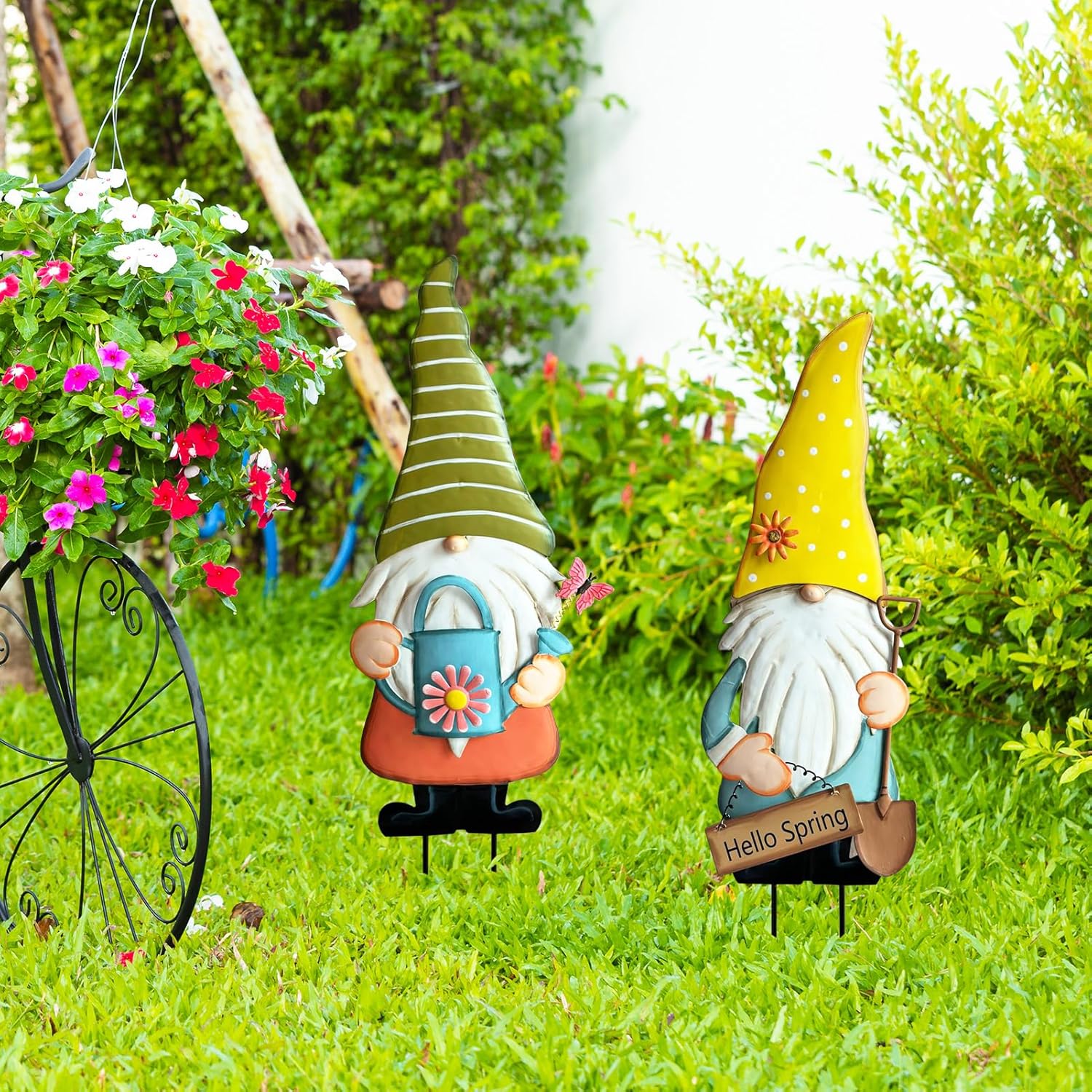 Metal Gnome Decorative Garden Stakes,23.8” Set of 2 Spring Garden Gnomes Outdoor Decor with Flower Butterfly Watering Can Ornament, Gnomes Decorations for Yard Lawn Backyard Porch Outside Decorations