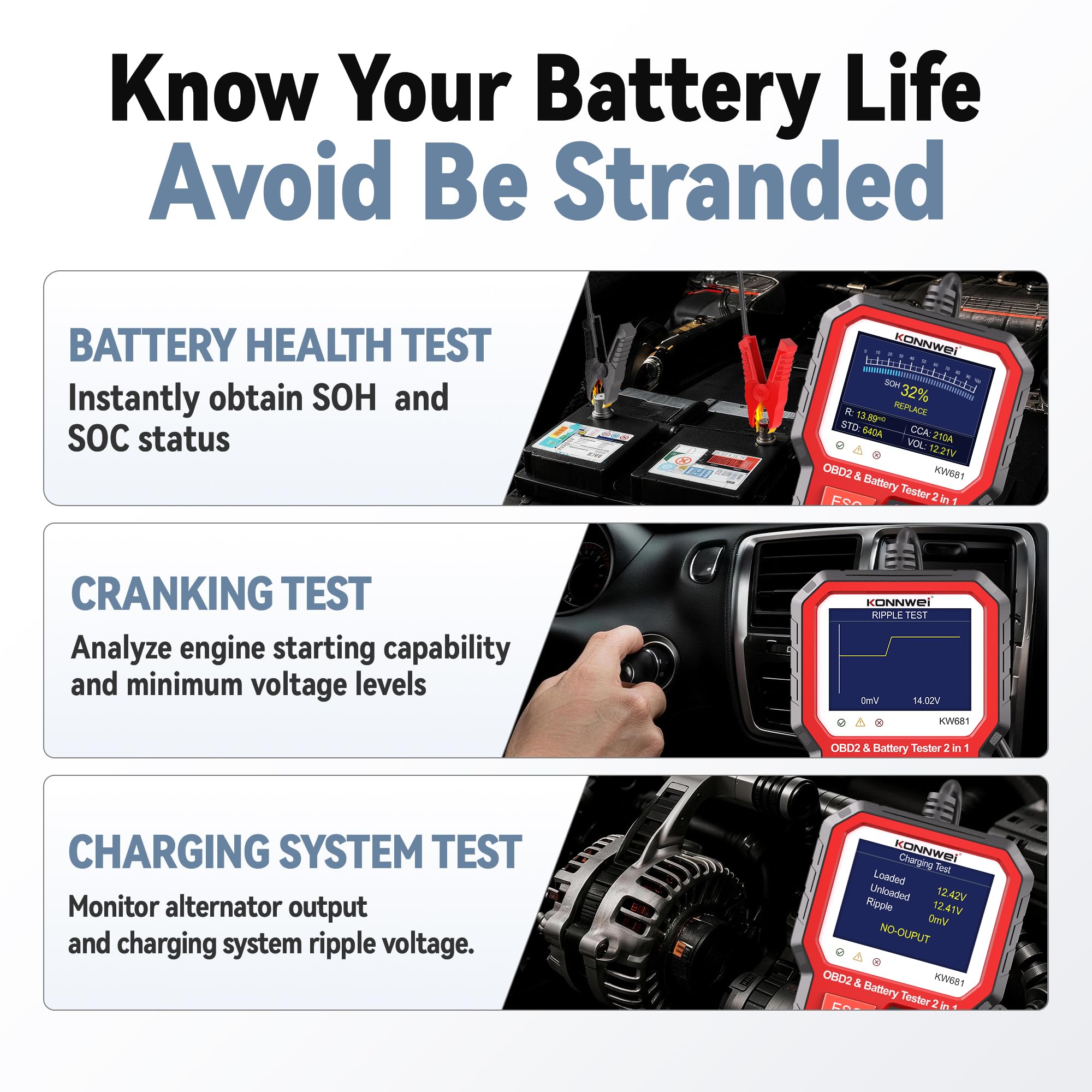 KONNWEI KW681 Auto walizka diagnostyczna 2 w 1, czytnik diagnostyczny OBD2 z testerem akumulatora samochodowego 6V/12 V, test akumulatora CCA/SOH/SOC, kompatybilny z pojazdami benzynowymi | Diagnostyka pojazdu