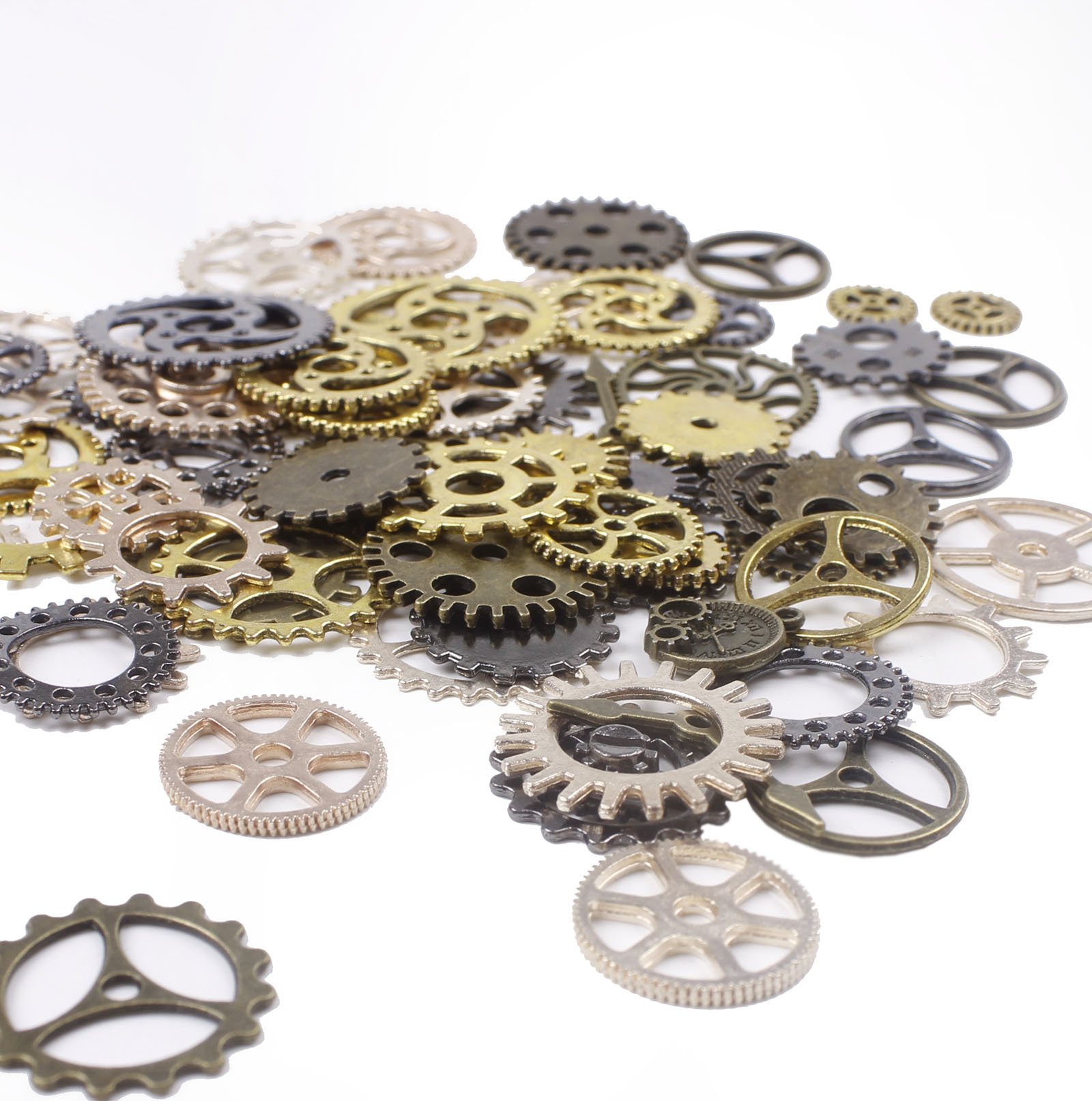 BIHRTC 100 Gram Mixed Color Antique Metal Steampunk Gears Charms Pendant Clock Watch Wheel Gear for Crafting, Jewelry Making Accessory (Assorted Color 1)