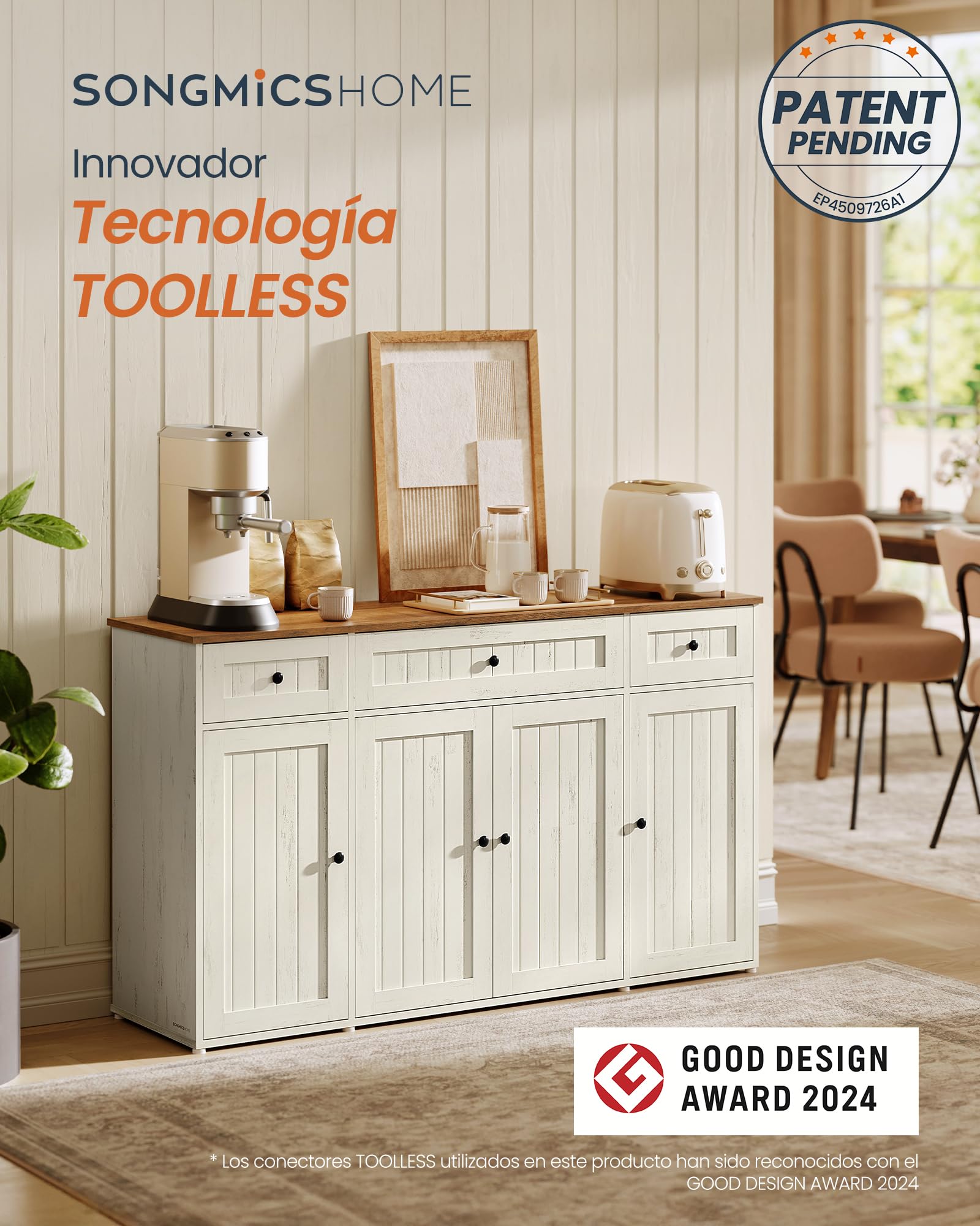SONGMICS HOME Aparador, Montaje Súper Rápido Sin Herramientas Toolless, Mueble de Cocina con Encimera, Estantes Ajustables, Blanco Rústico y Marrón Miel BBK376WJ02