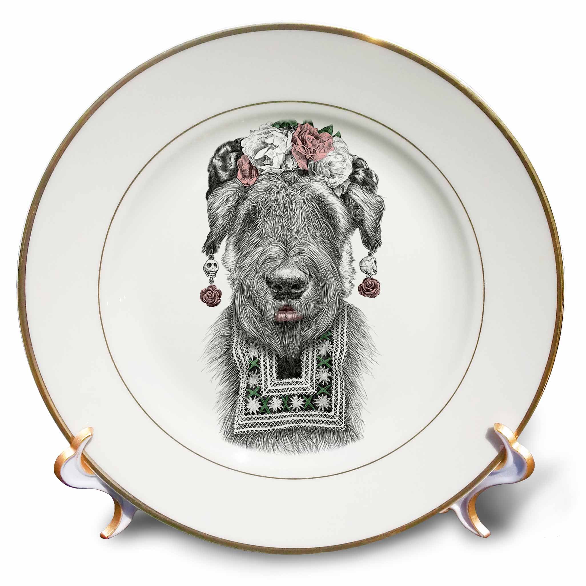 3dRose Porcelain Plate - Ballpoint Pen Drawing of a Dog Styled as Mexican Artist Frida Kahlo (cp_281512_1)