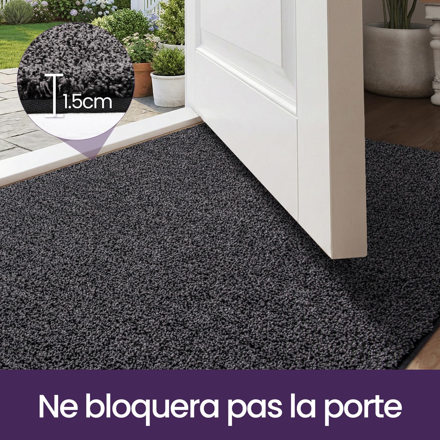 DEXI Paillasson Interieur Entree 60 x 90 cm, Tapis d'Entrée Antidérapant Lavable en Machine, Tapis de Sol avec Microfibres Douces Absorbantes pour Entrée, Couloir, Chien, Noir-Gris
