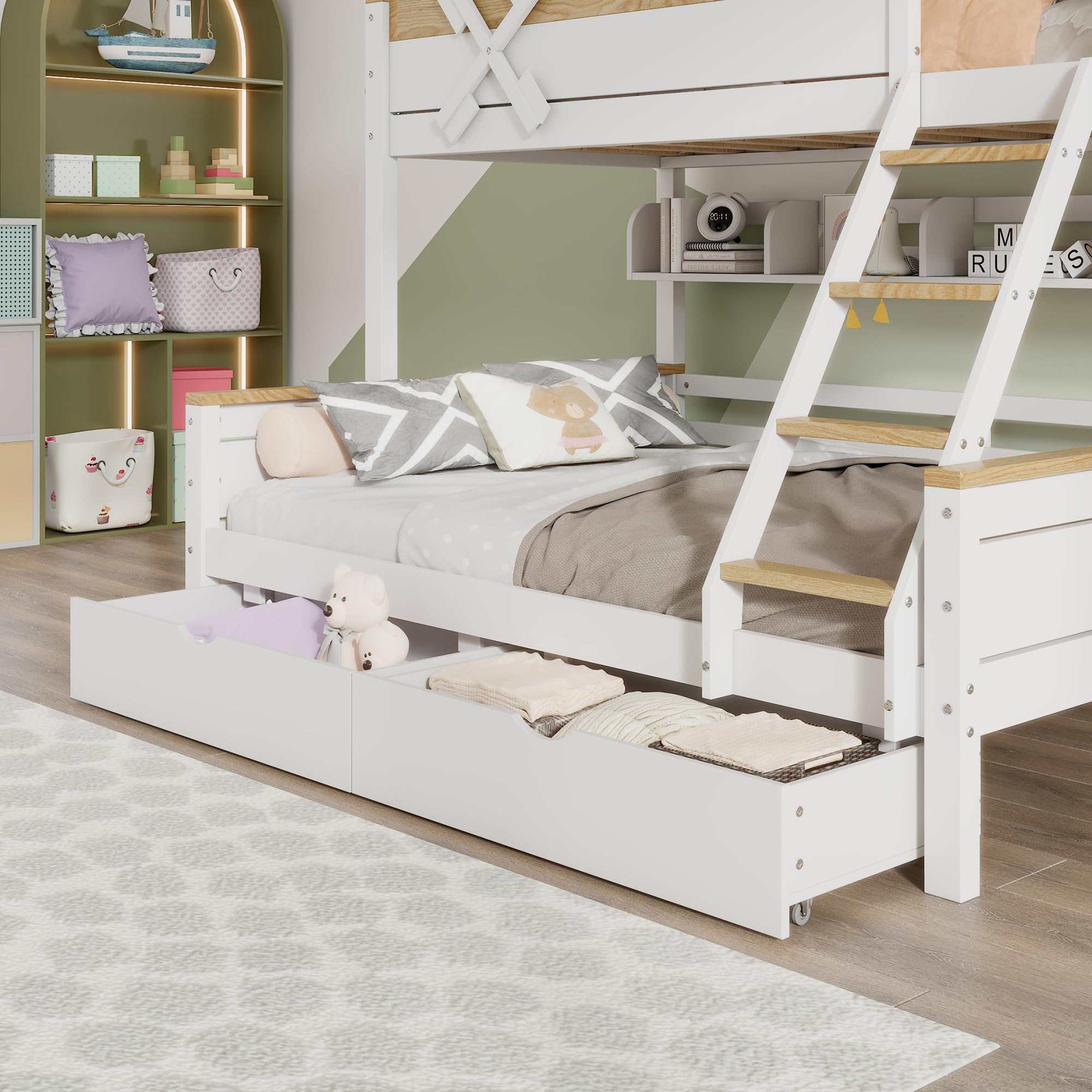 Rtopsu Kinderbett Etagenbett 90x200 cm & 140x200 cm mit Stauraum und Leiter,Hochbett mit Windmühle Hausbett Baumhaus Bett mit Lattenrost aus Holz und Rausfallschutz für 2-3 Kinder Weiß,Ohne Matratze