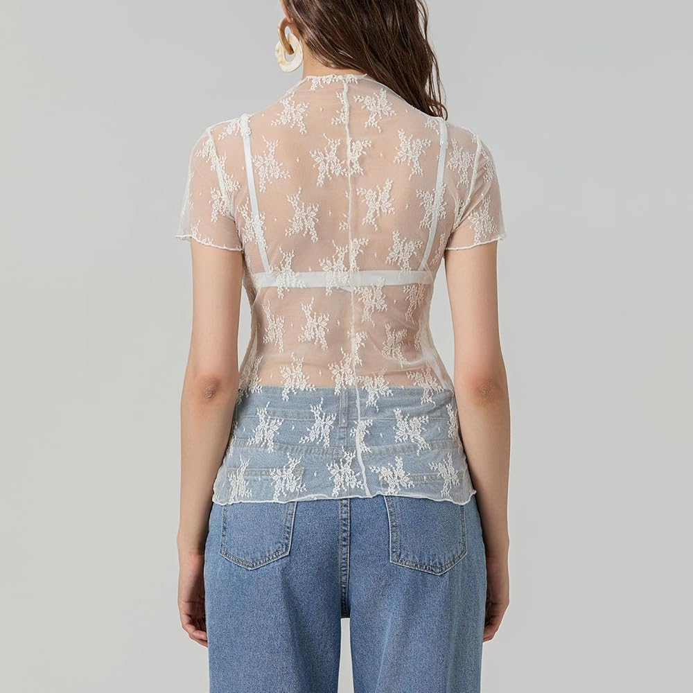 Women Mock Neck Short Sleeve Lace Top Sheer Floral Mesh Tee Shirt