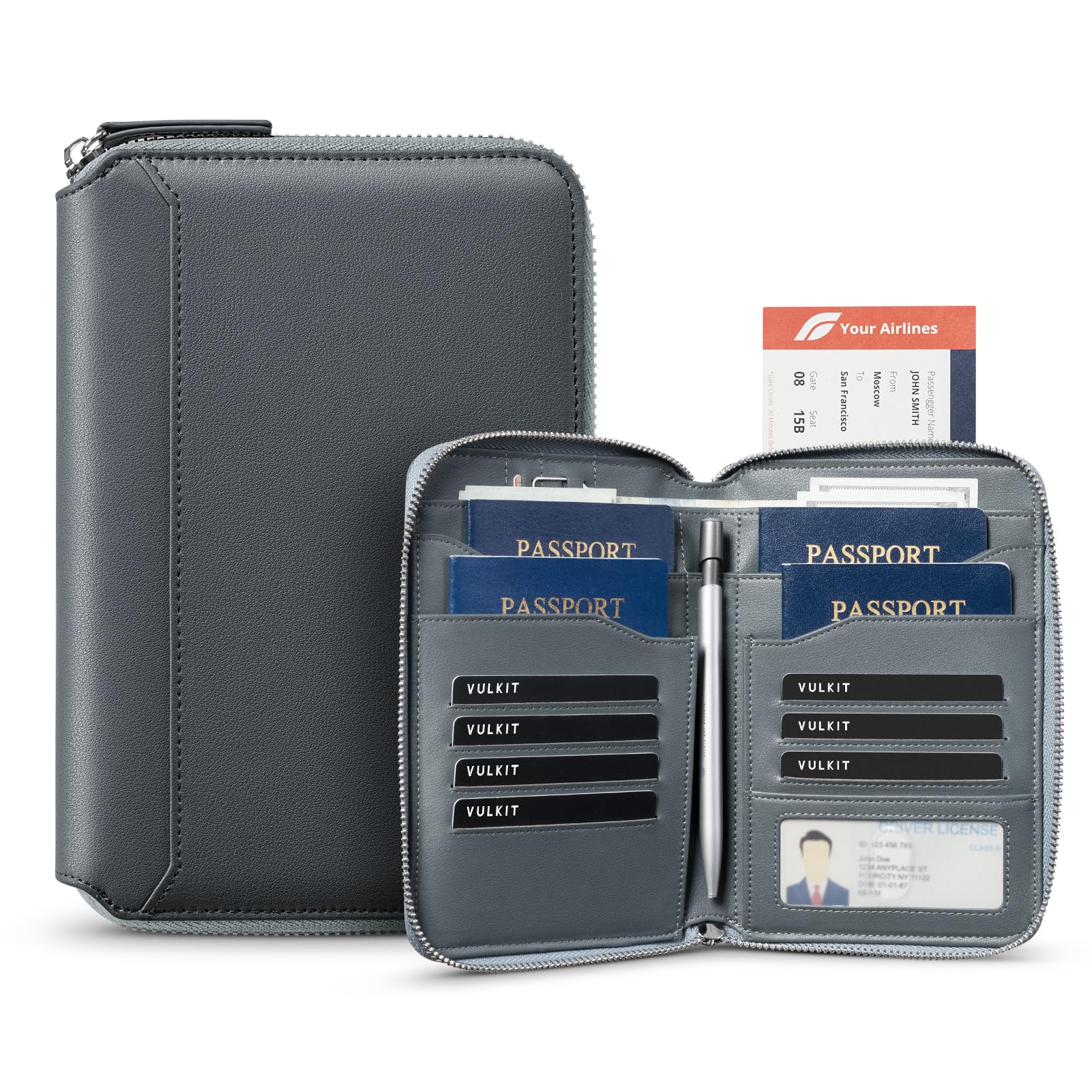 VULKIT Leather Passport Holder for 4-8 Passports Family RFID Blocking Passport Wallet with Zipper Travel Documents Organizer for Men or Women (Navy)