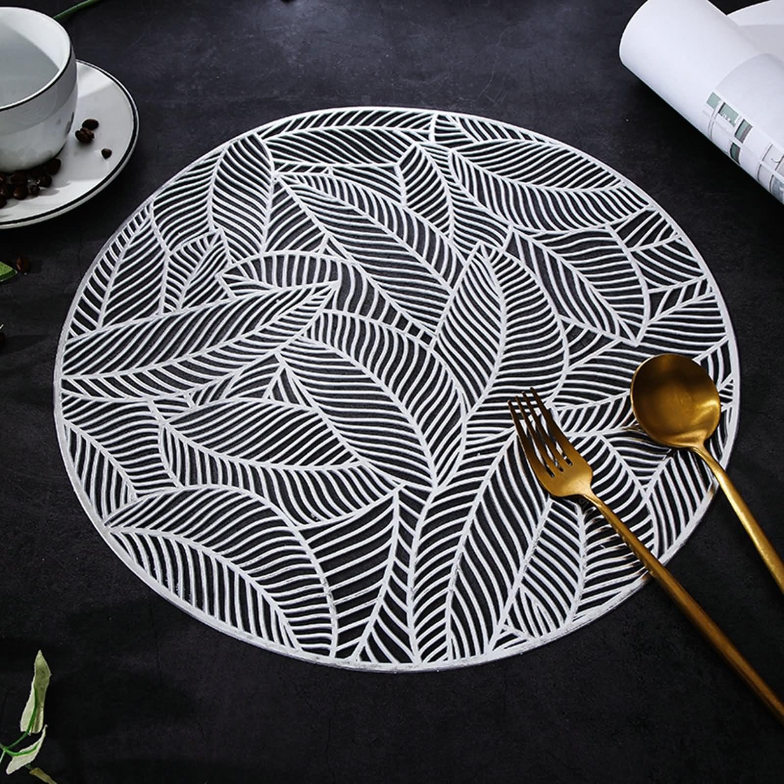 Podkładki na stół retro vintage, Placemat zestaw 8 sztuk, 38 cm, okrągły wzór z liśćmi PCW srebrne