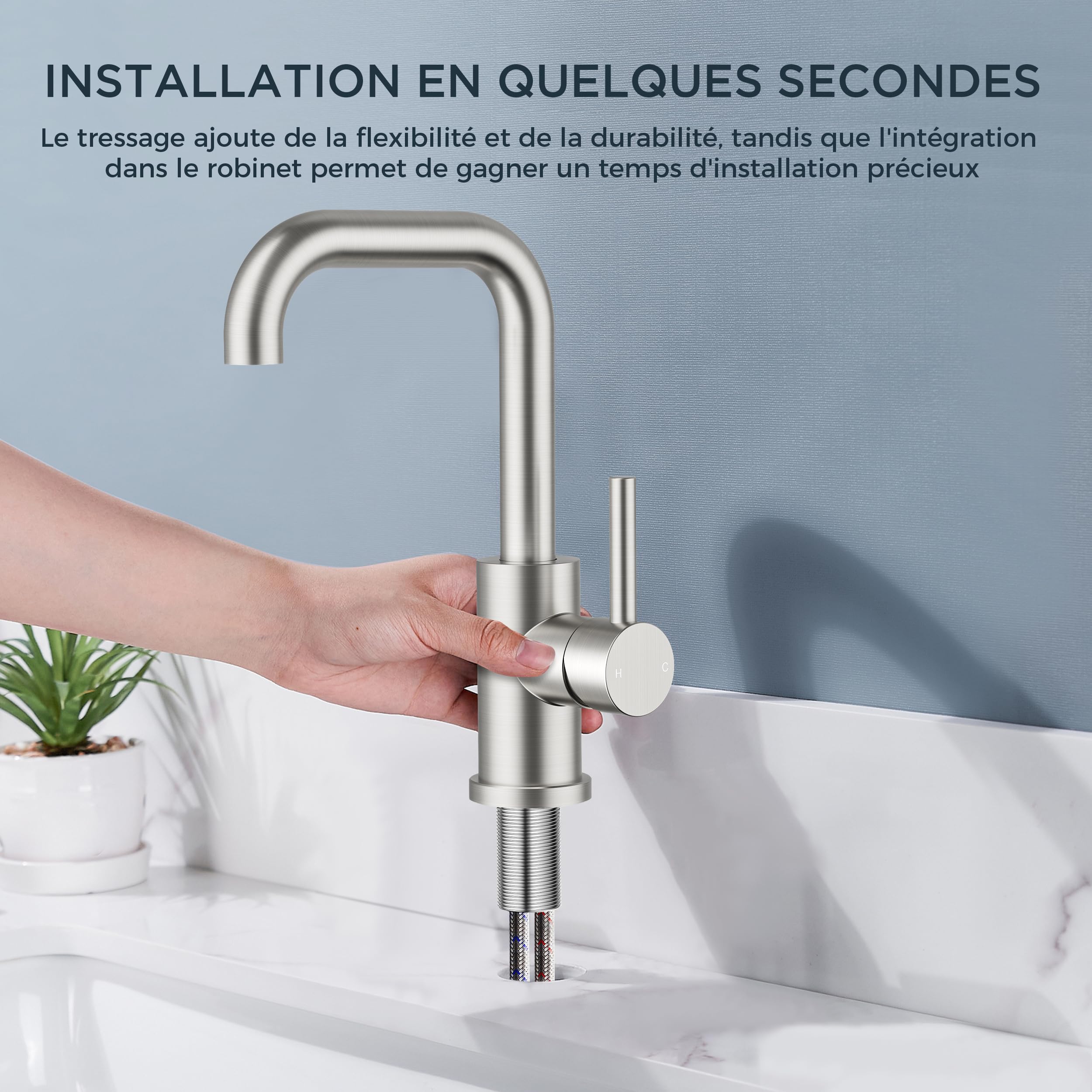 FORIOUS Robinet Salle de Bain Pivotant à 360°, Mitigeur pour Eau Chaude/Froide，Mitigeur en Acier Inoxydable Facile à Installer pour Salle de Bain Lavabo,Inox